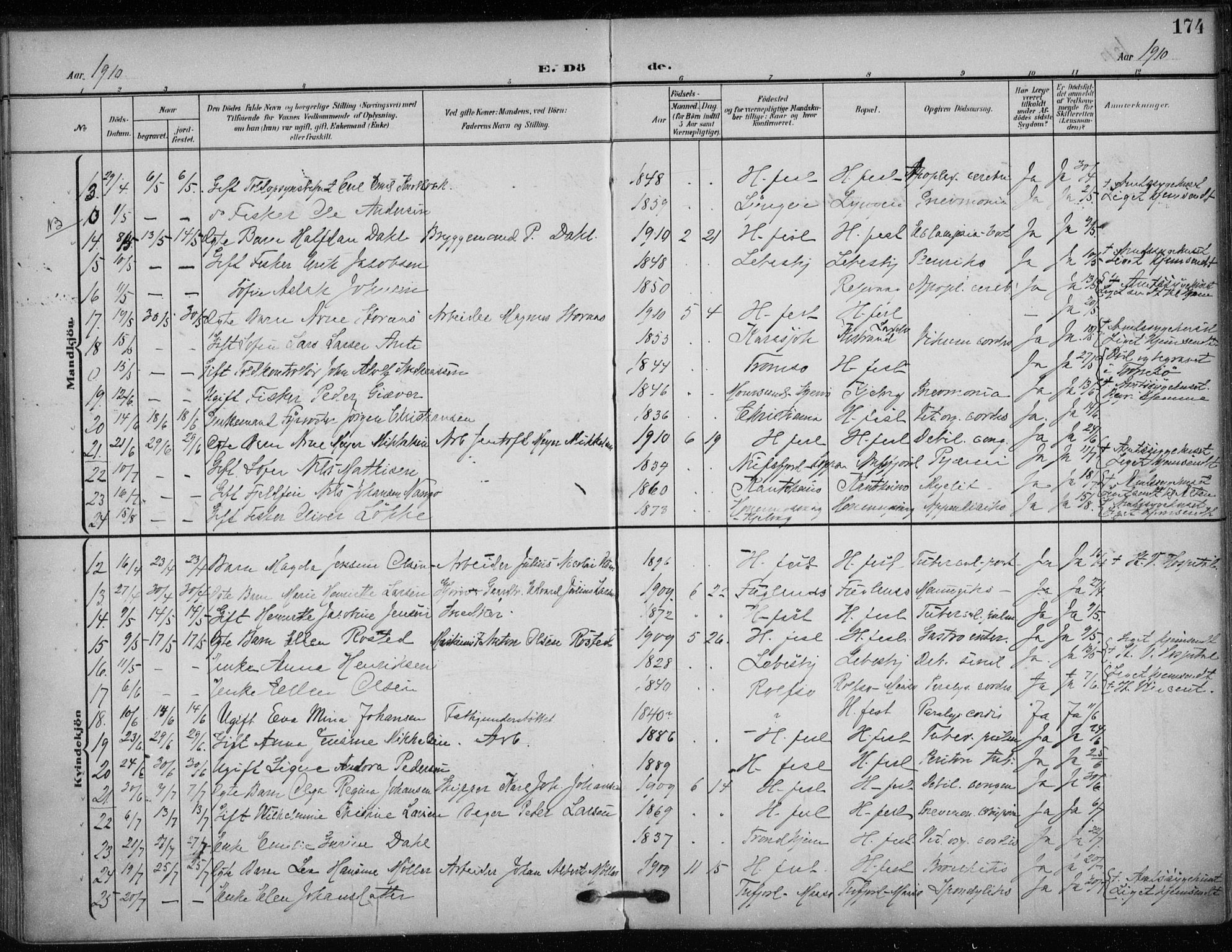 Hammerfest sokneprestkontor, SATØ/S-1347/H/Ha/L0014.kirke: Parish register (official) no. 14, 1906-1916, p. 174