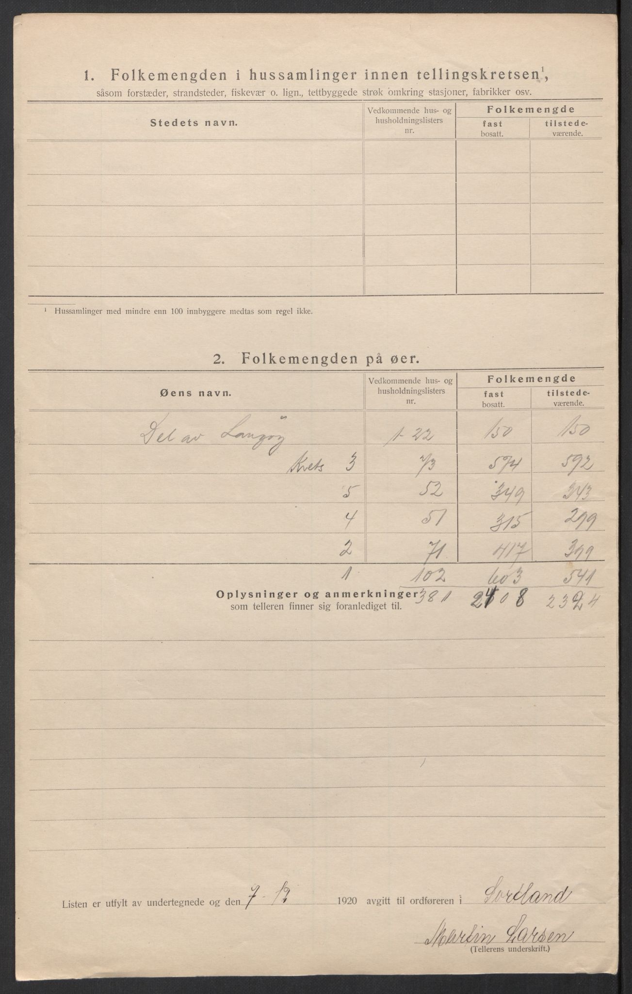 SAT, 1920 census for Sortland, 1920, p. 31