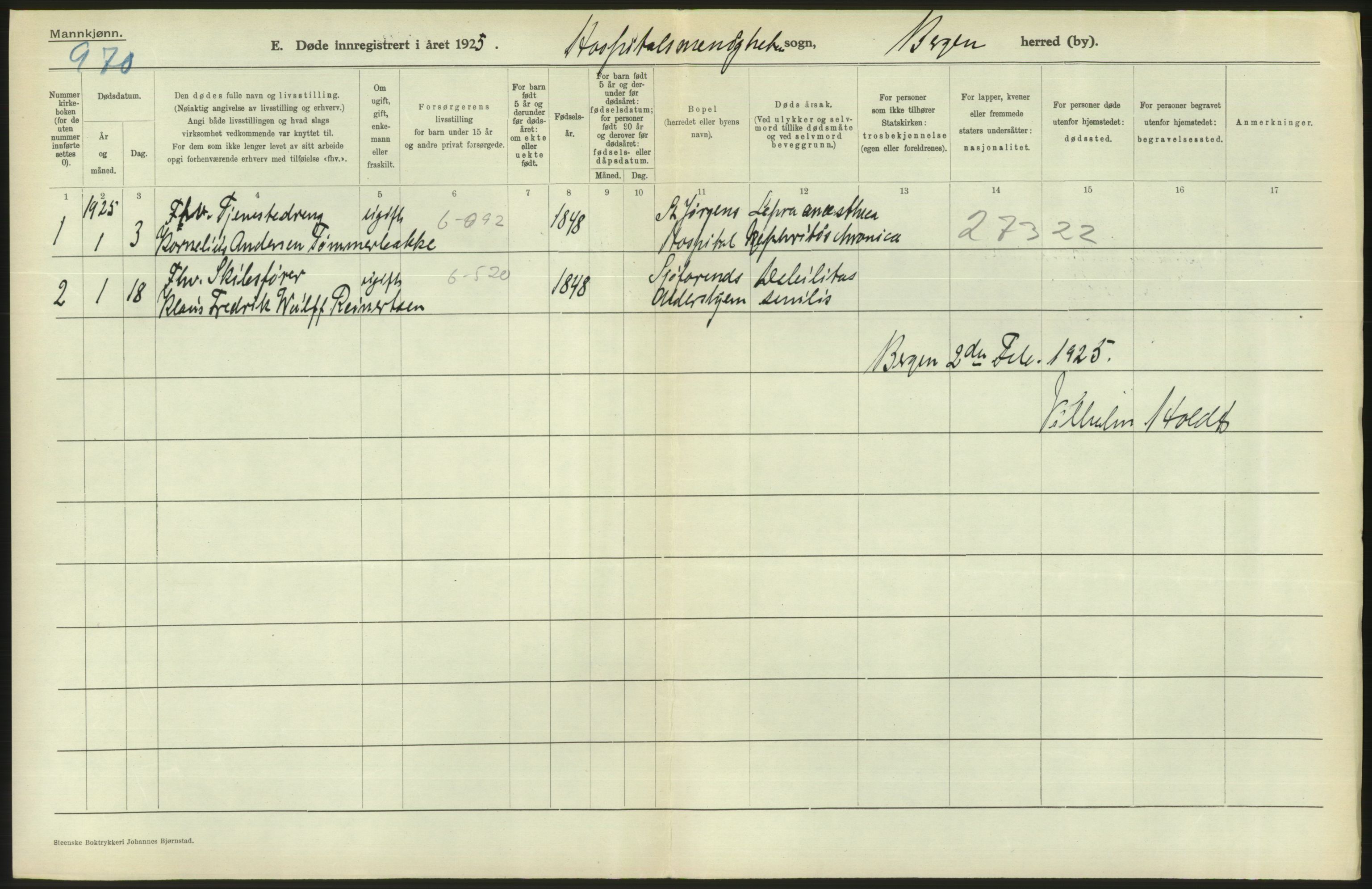 Statistisk sentralbyrå, Sosiodemografiske emner, Befolkning, RA/S-2228/D/Df/Dfc/Dfce/L0029: Bergen: Gifte, døde., 1925, p. 524