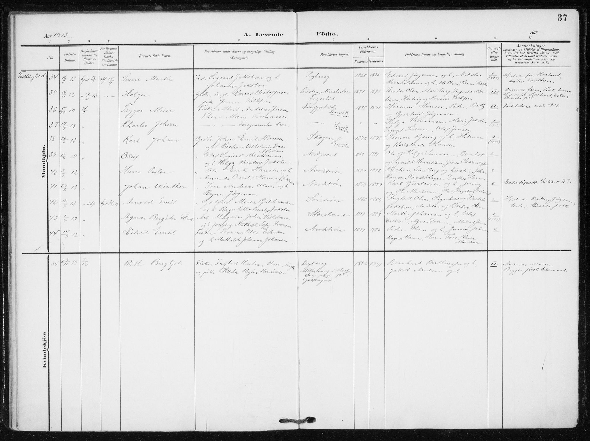 Tranøy sokneprestkontor, SATØ/S-1313/I/Ia/Iaa/L0012kirke: Parish register (official) no. 12, 1905-1918, p. 37