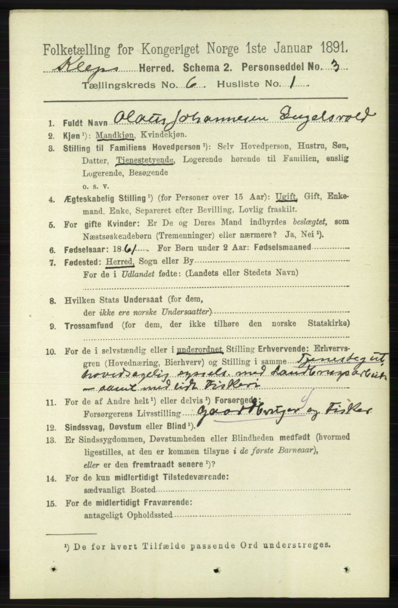 RA, 1891 census for 1120 Klepp, 1891, p. 1718