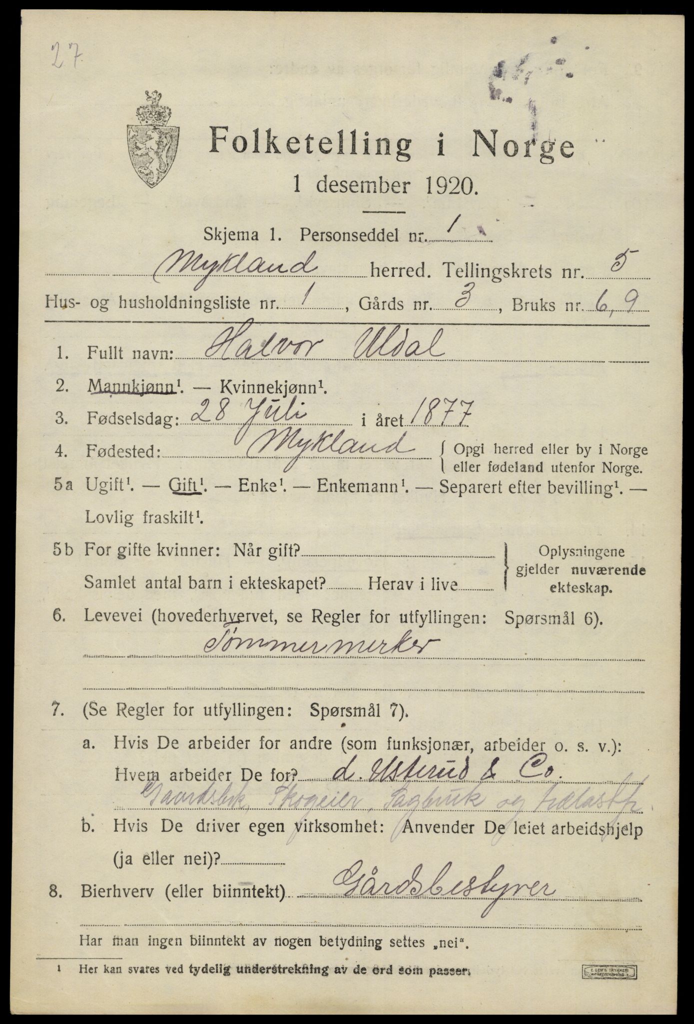 SAK, 1920 census for Mykland, 1920, p. 1666