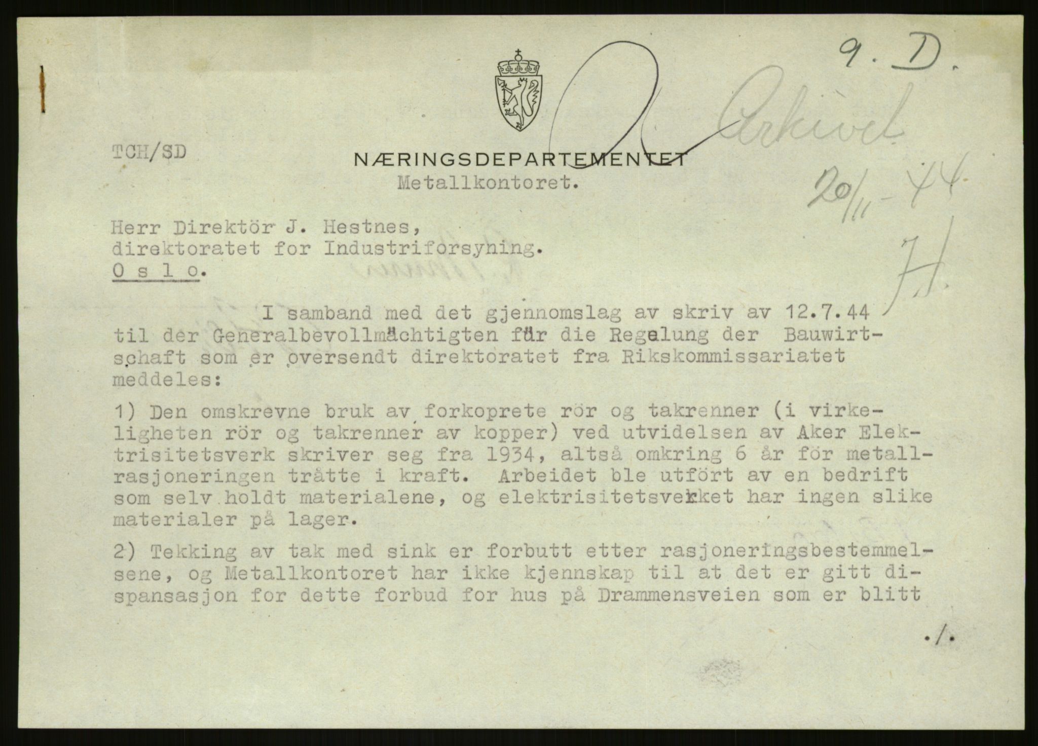 Direktoratet for industriforsyning, Sekretariatet, AV/RA-S-4153/D/Df/L0054: 9. Metallkontoret, 1940-1945, p. 375