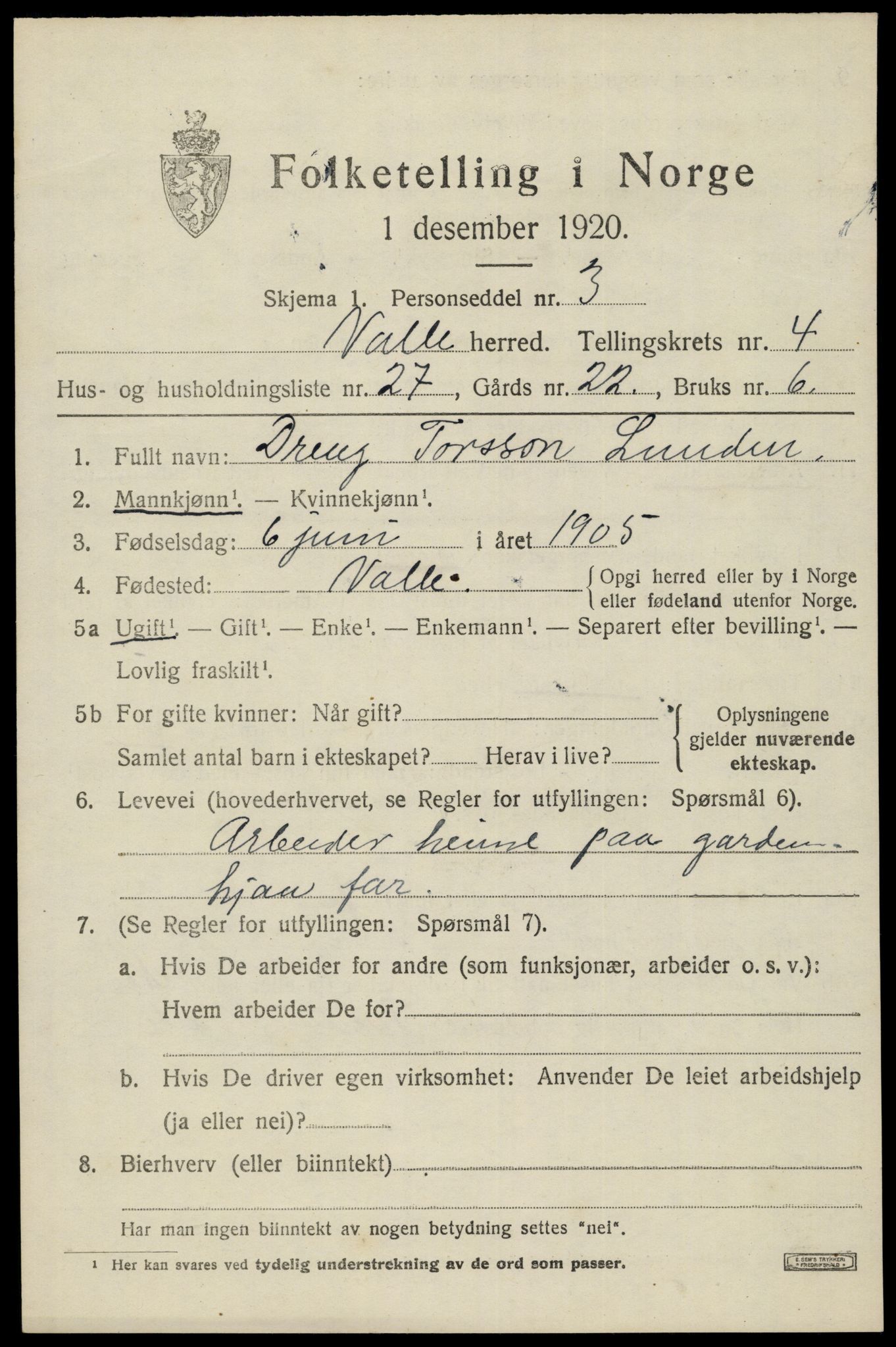 SAK, 1920 census for Valle, 1920, p. 2299