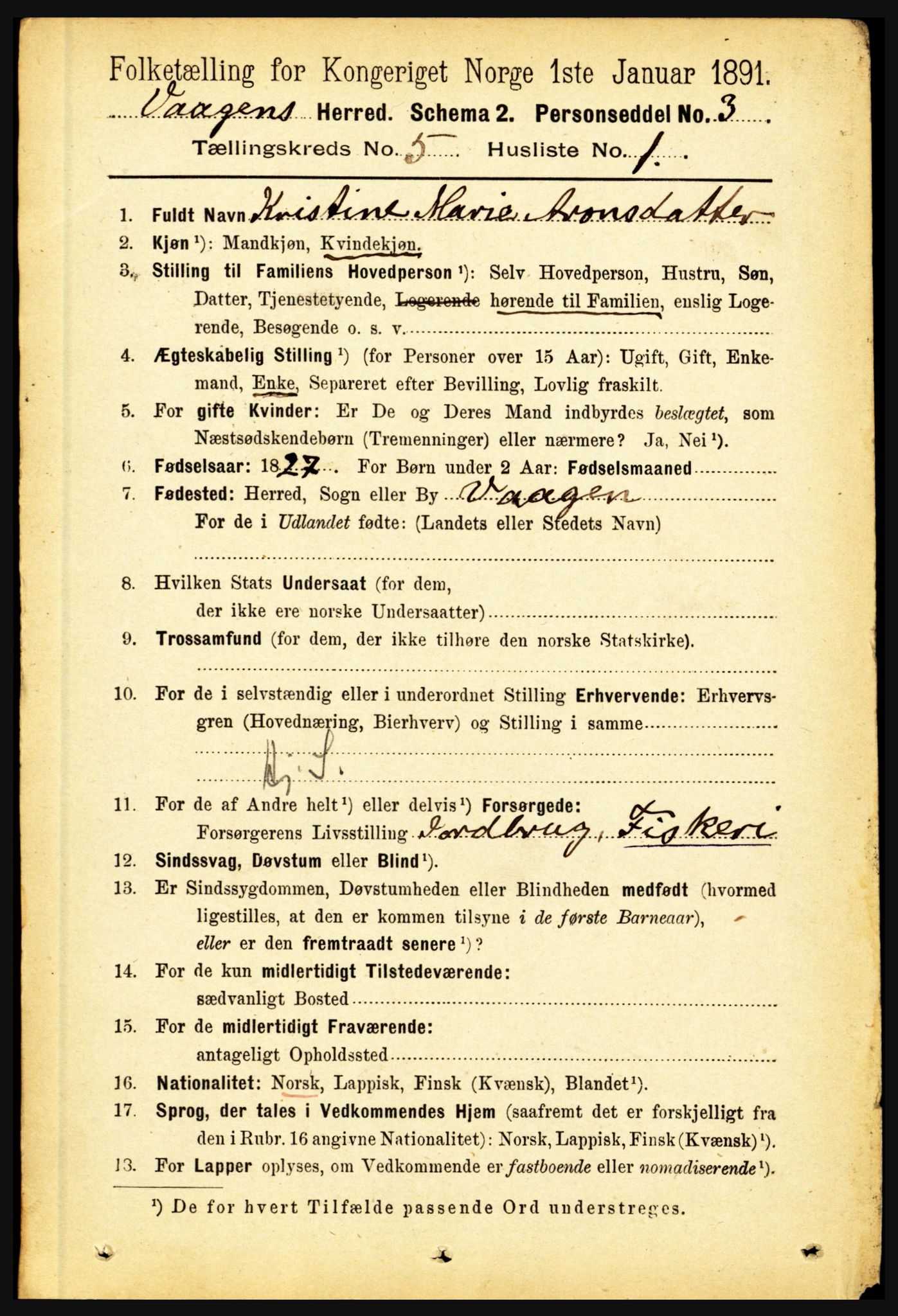 RA, 1891 census for 1865 Vågan, 1891, p. 1575