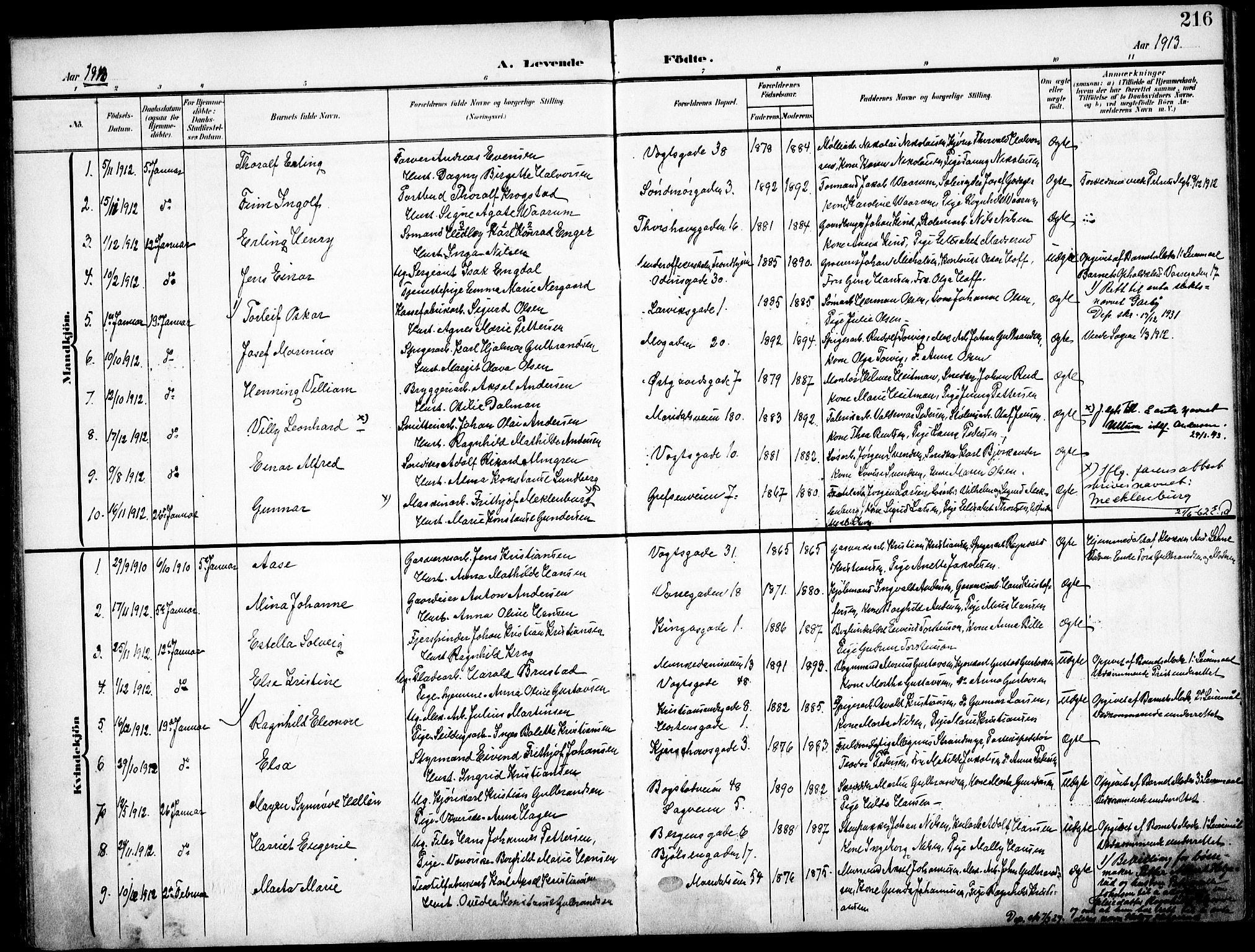 Sagene prestekontor Kirkebøker, AV/SAO-A-10796/F/L0007: Parish register (official) no. 7, 1905-1915, p. 216