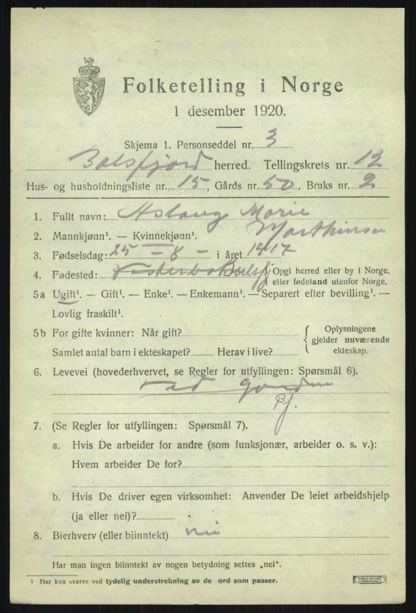 SATØ, 1920 census for Balsfjord, 1920, p. 7433