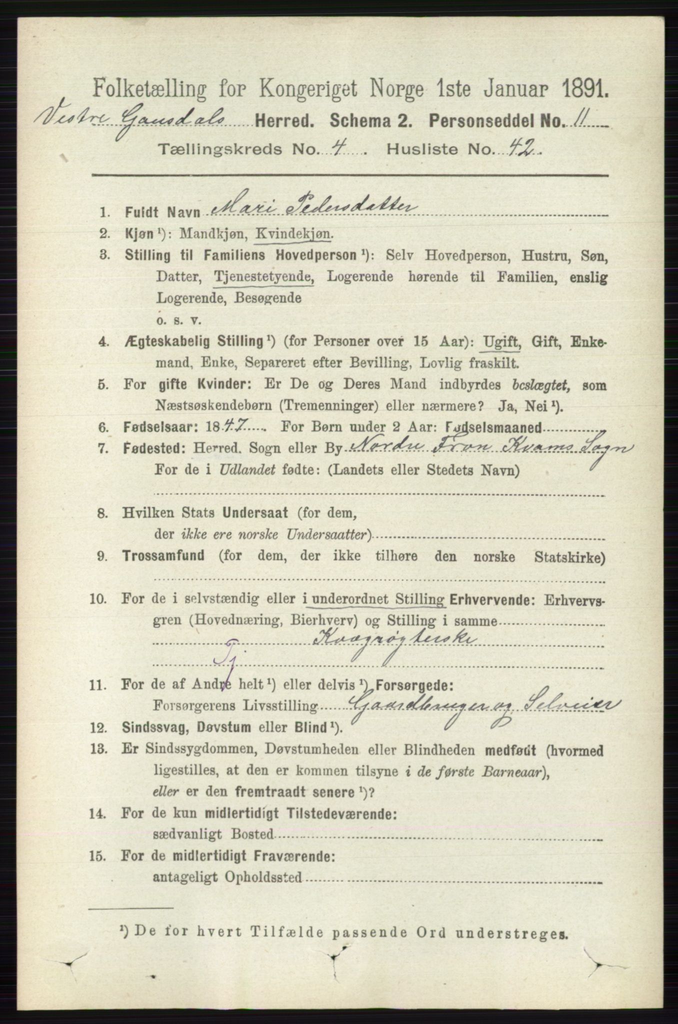 RA, 1891 census for 0523 Vestre Gausdal, 1891, p. 1949