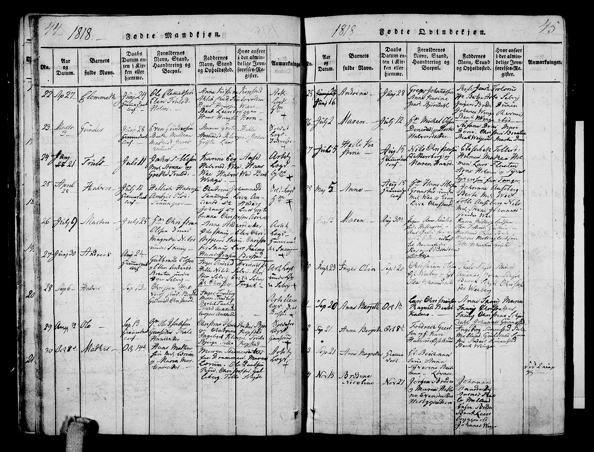 Sande Kirkebøker, AV/SAKO-A-53/G/Ga/L0001: Parish register (copy) no. 1, 1814-1847, p. 44-45