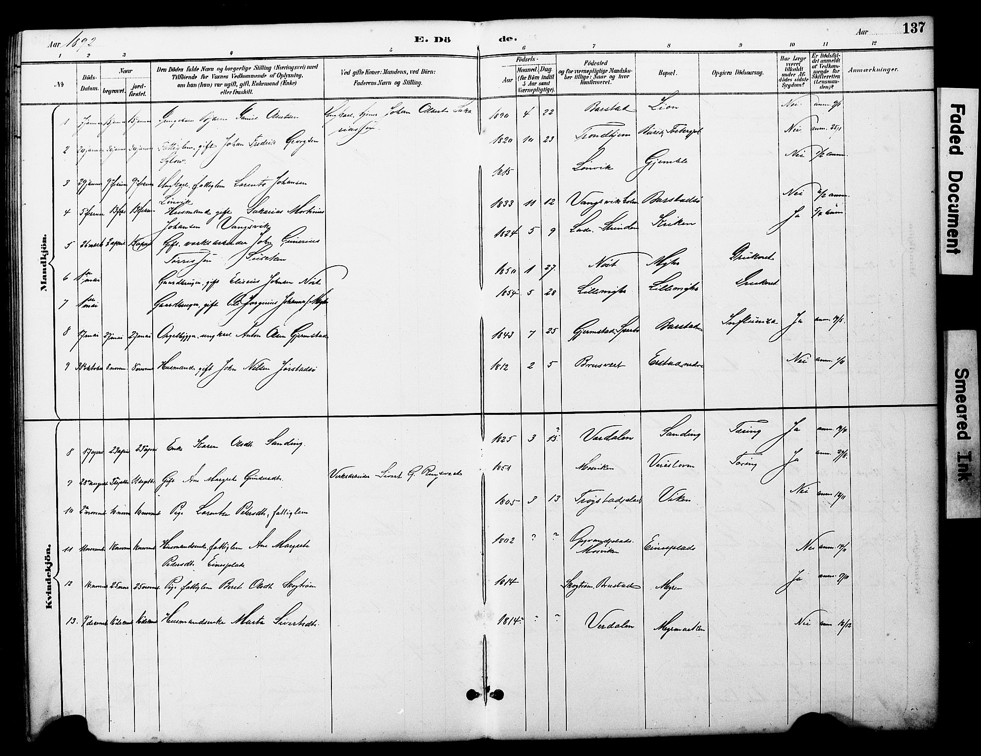 Ministerialprotokoller, klokkerbøker og fødselsregistre - Nord-Trøndelag, AV/SAT-A-1458/722/L0226: Parish register (copy) no. 722C02, 1889-1927, p. 137