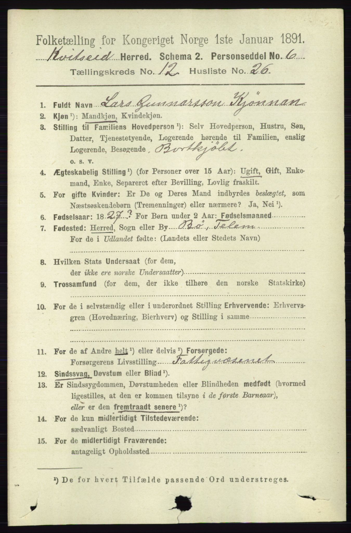 RA, 1891 census for 0829 Kviteseid, 1891, p. 3036