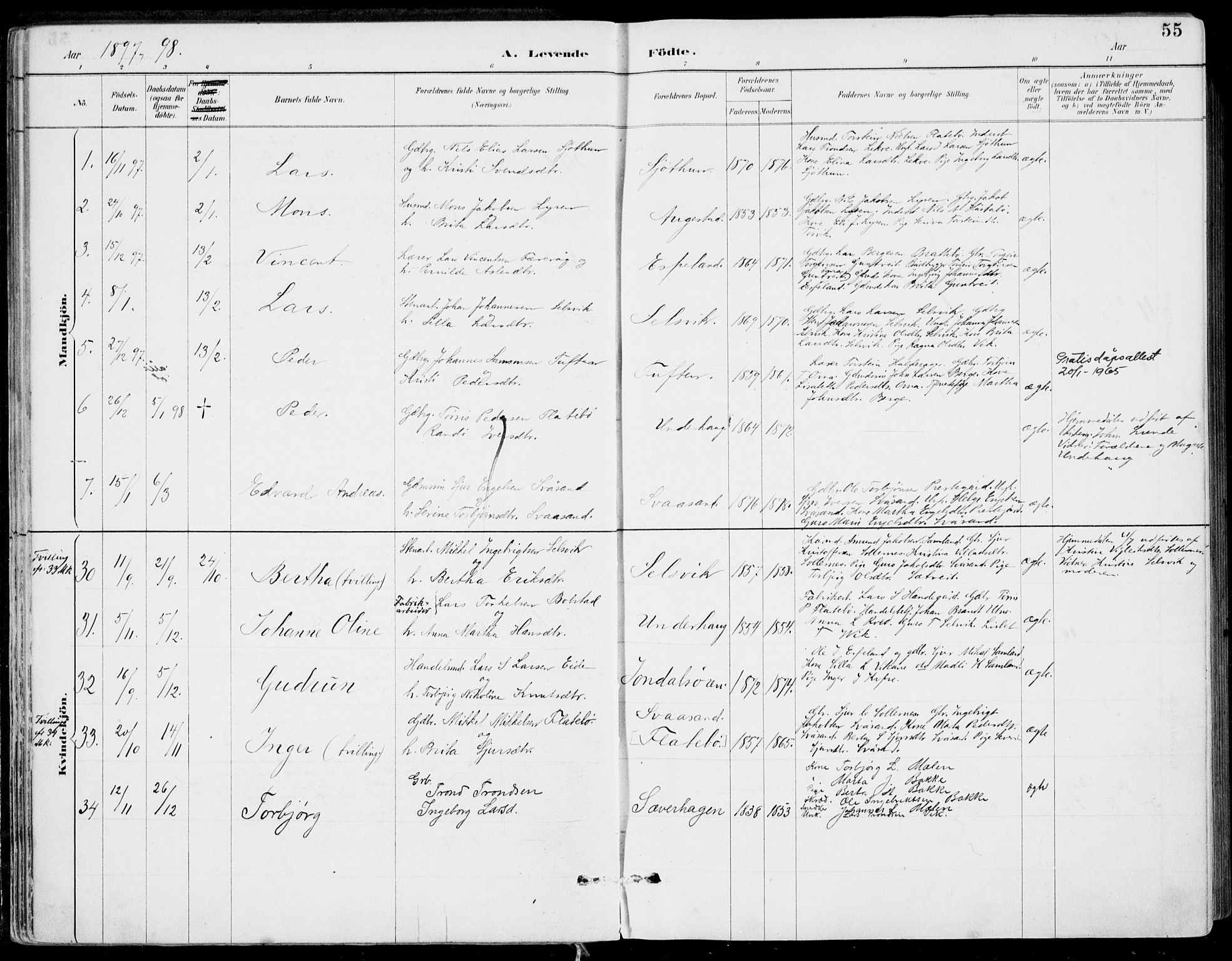 Strandebarm sokneprestembete, SAB/A-78401/H/Haa: Parish register (official) no. E  1, 1886-1908, p. 55