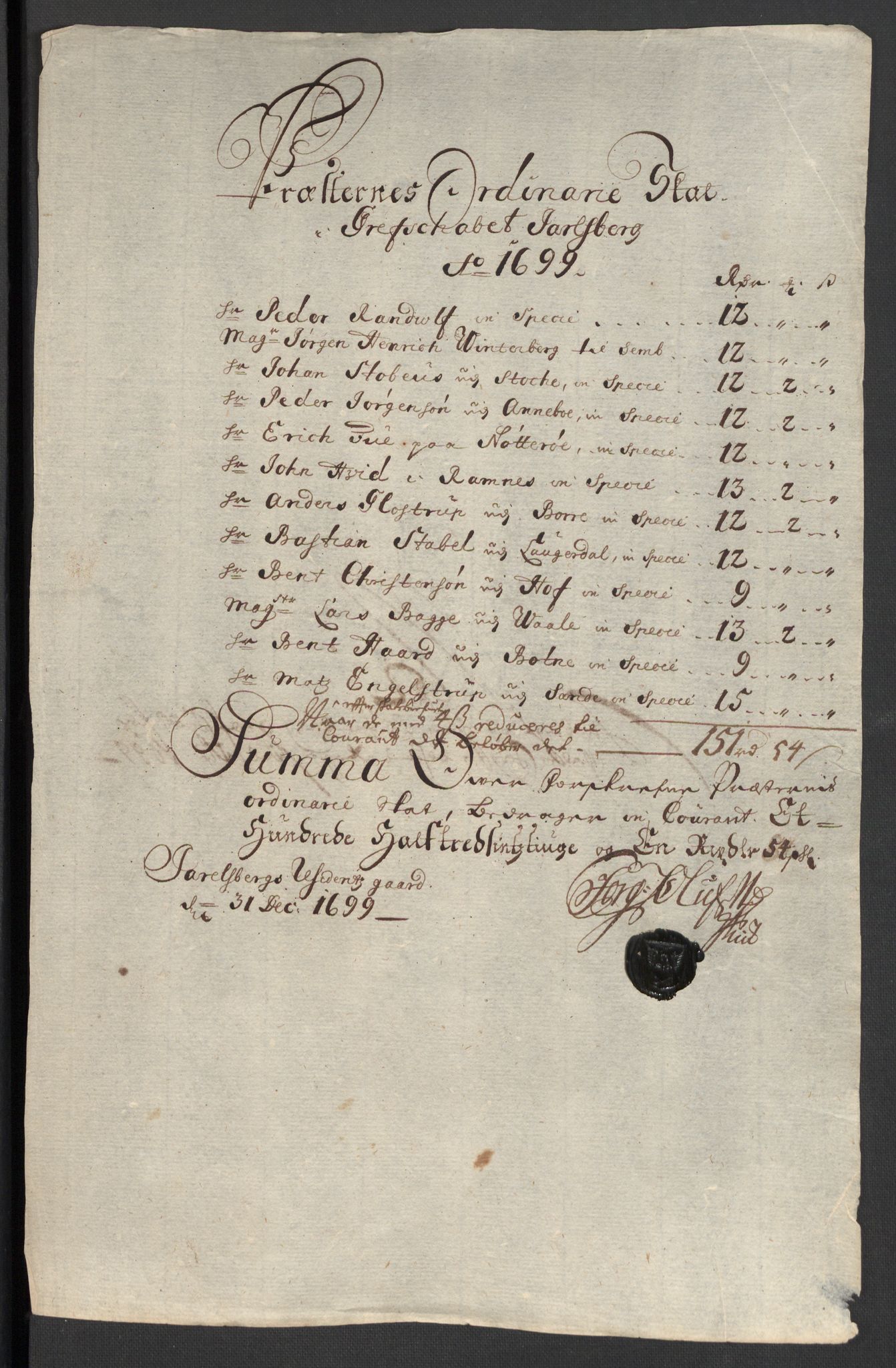 Rentekammeret inntil 1814, Reviderte regnskaper, Fogderegnskap, RA/EA-4092/R32/L1868: Fogderegnskap Jarlsberg grevskap, 1697-1699, p. 267