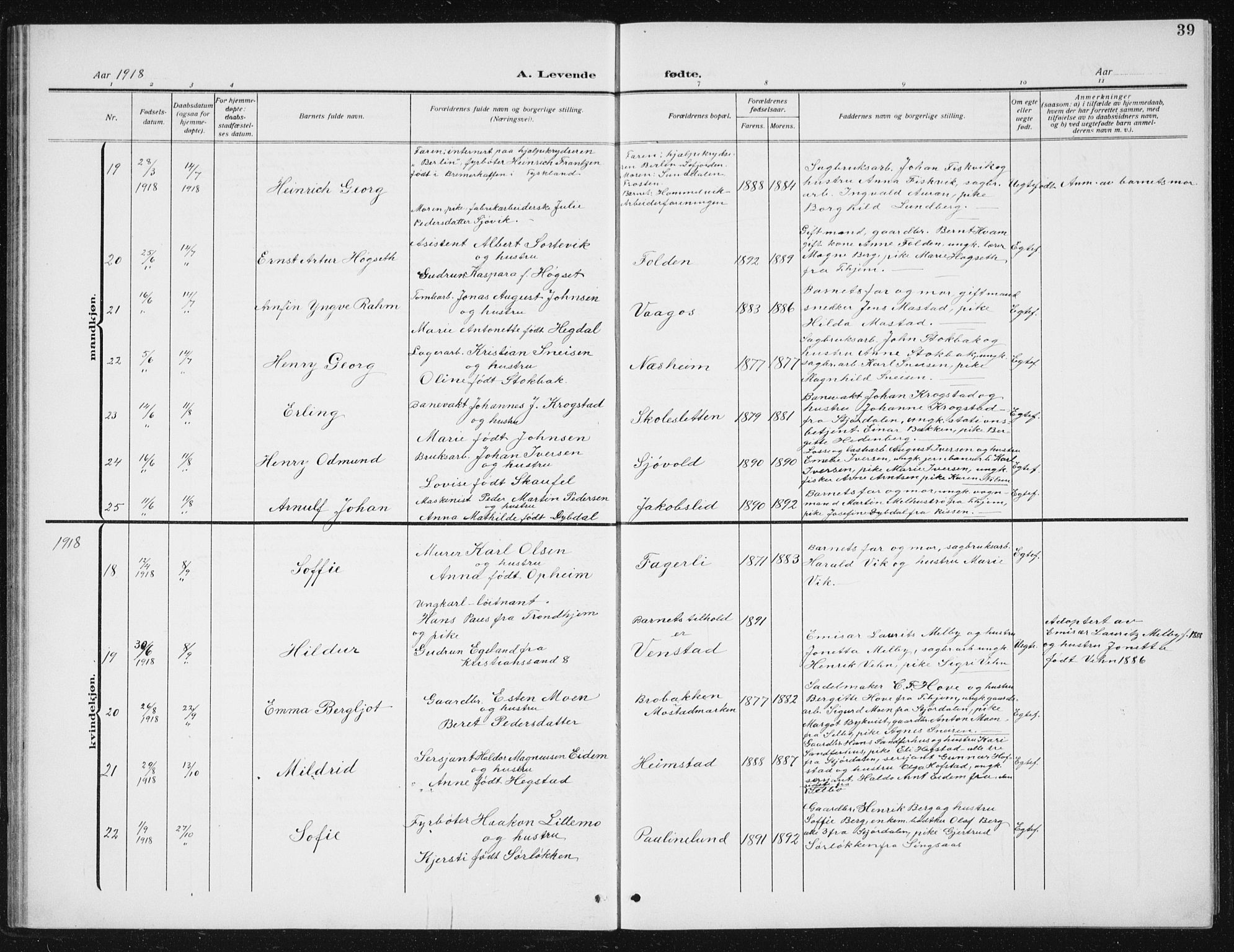 Ministerialprotokoller, klokkerbøker og fødselsregistre - Sør-Trøndelag, AV/SAT-A-1456/617/L0431: Parish register (copy) no. 617C02, 1910-1936, p. 39