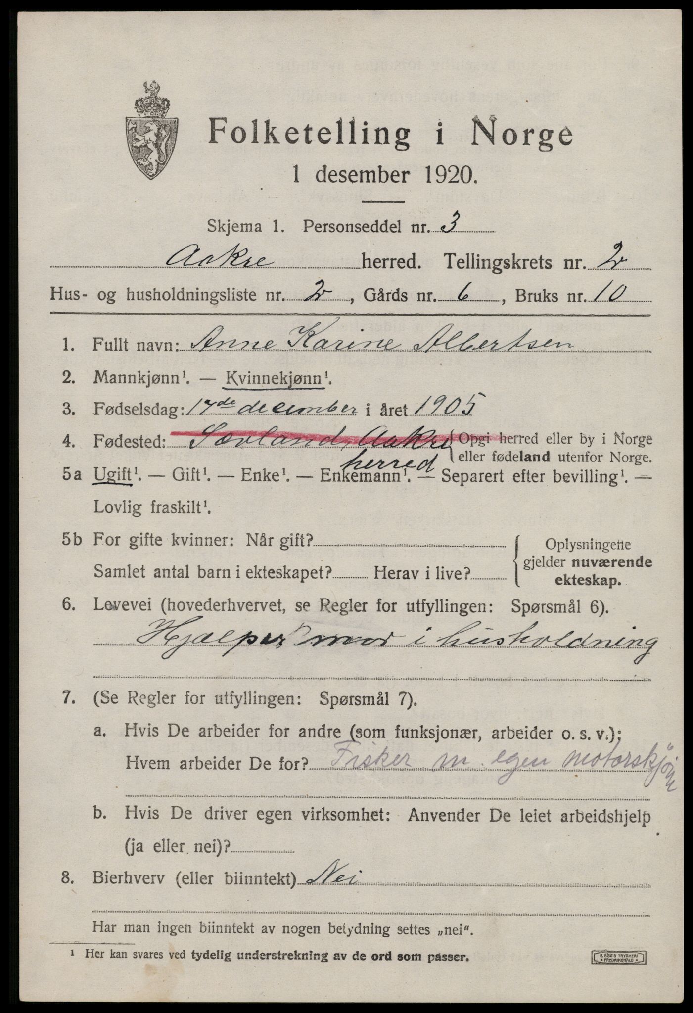 SAST, 1920 census for Åkra, 1920, p. 2964