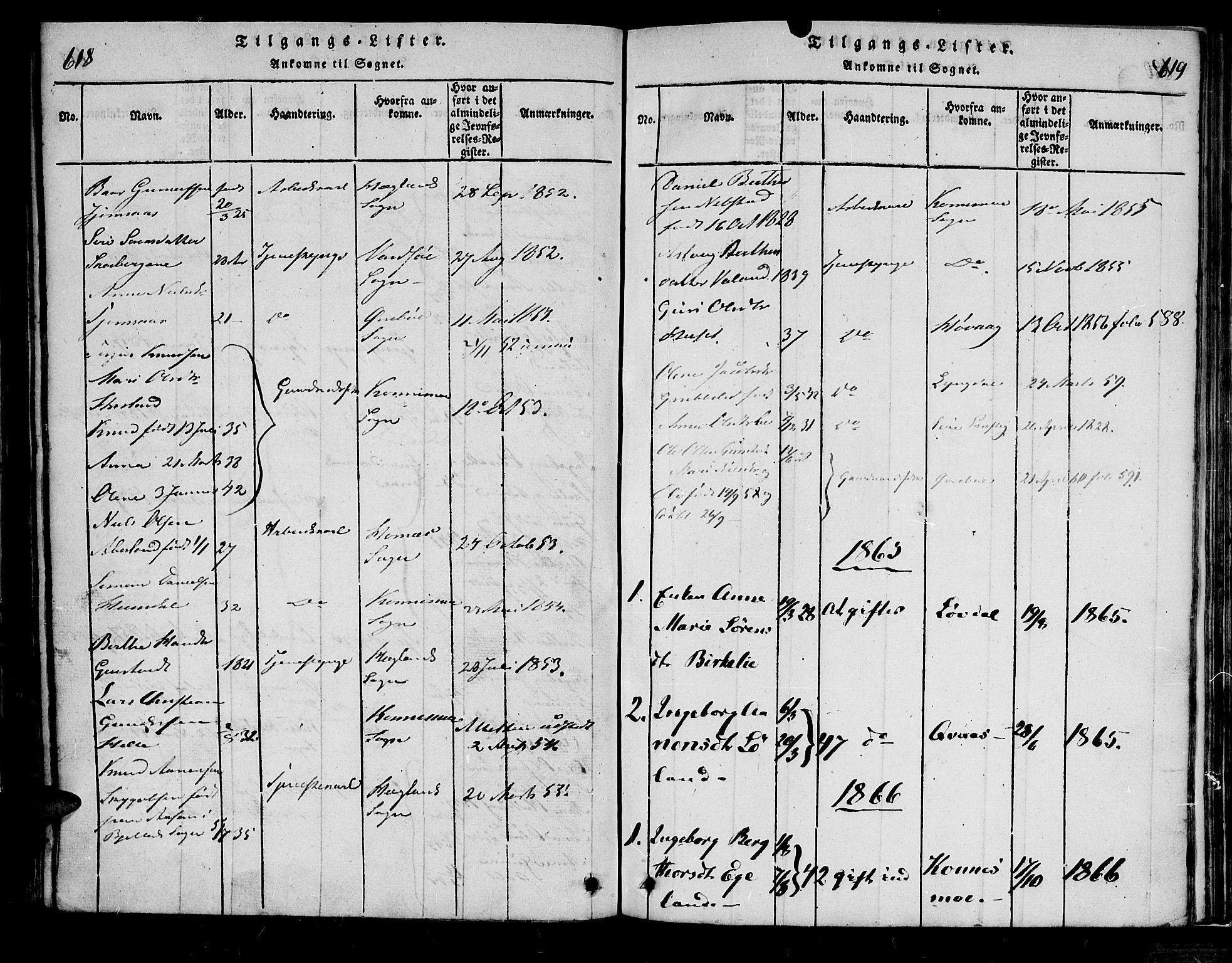 Bjelland sokneprestkontor, AV/SAK-1111-0005/F/Fa/Faa/L0002: Parish register (official) no. A 2, 1816-1866, p. 618-619