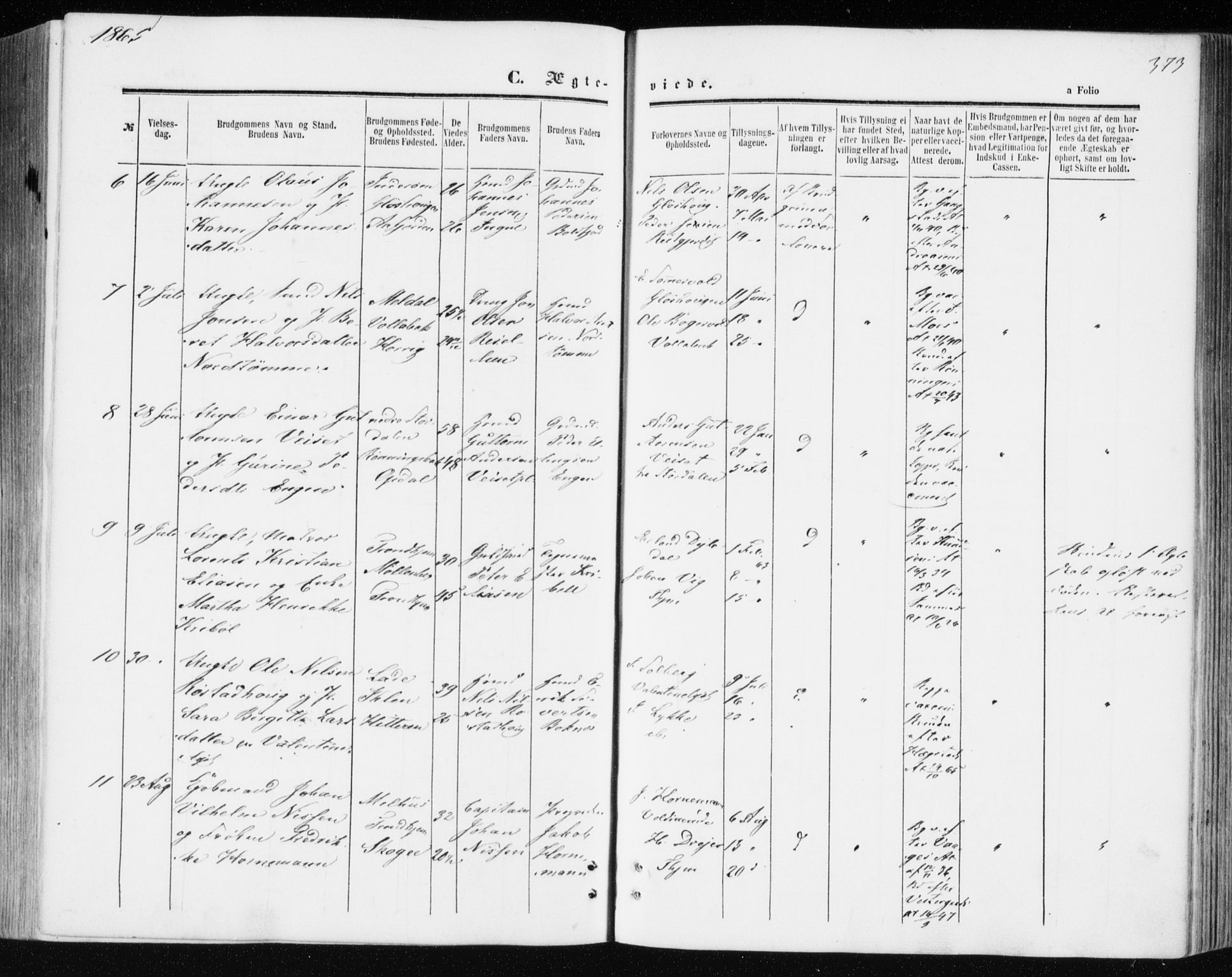 Ministerialprotokoller, klokkerbøker og fødselsregistre - Sør-Trøndelag, AV/SAT-A-1456/606/L0292: Parish register (official) no. 606A07, 1856-1865, p. 373