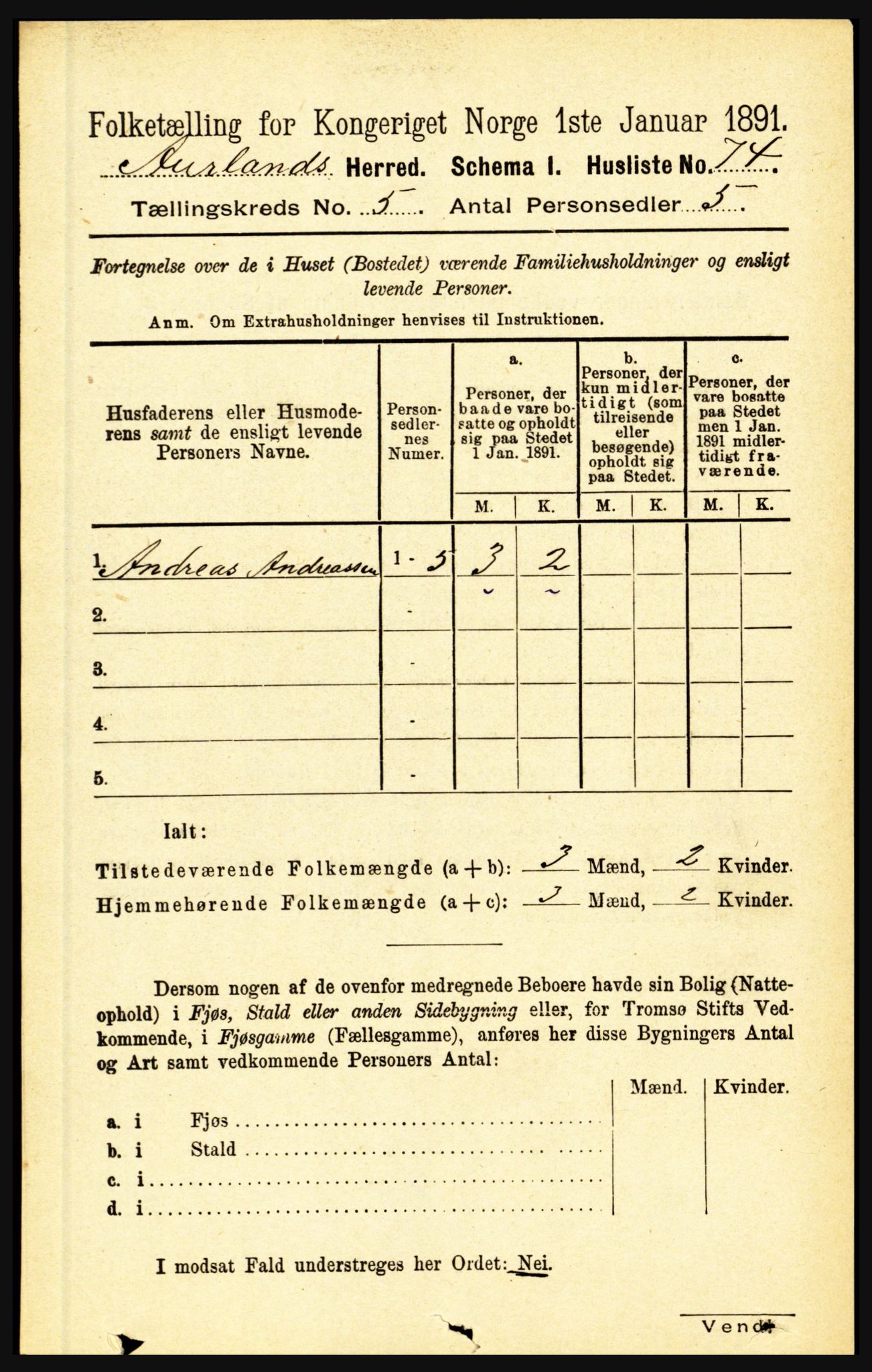 RA, 1891 census for 1421 Aurland, 1891, p. 1782