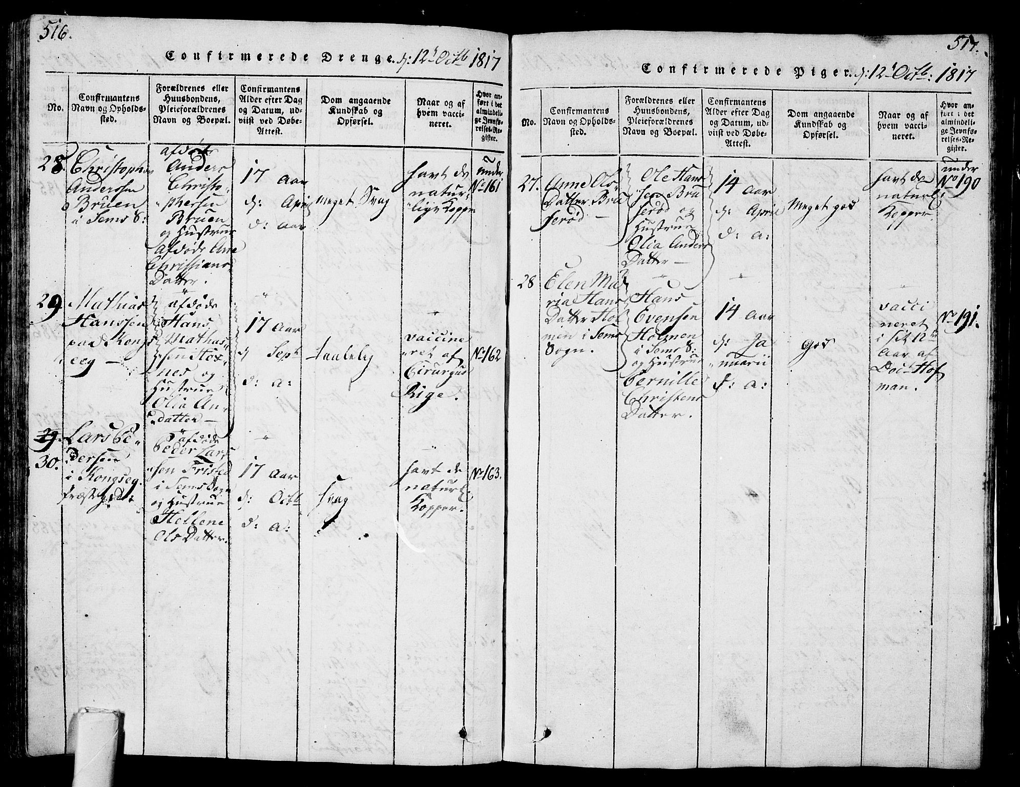 Sem kirkebøker, AV/SAKO-A-5/G/Ga/L0001: Parish register (copy) no. I 1, 1814-1825, p. 516-517