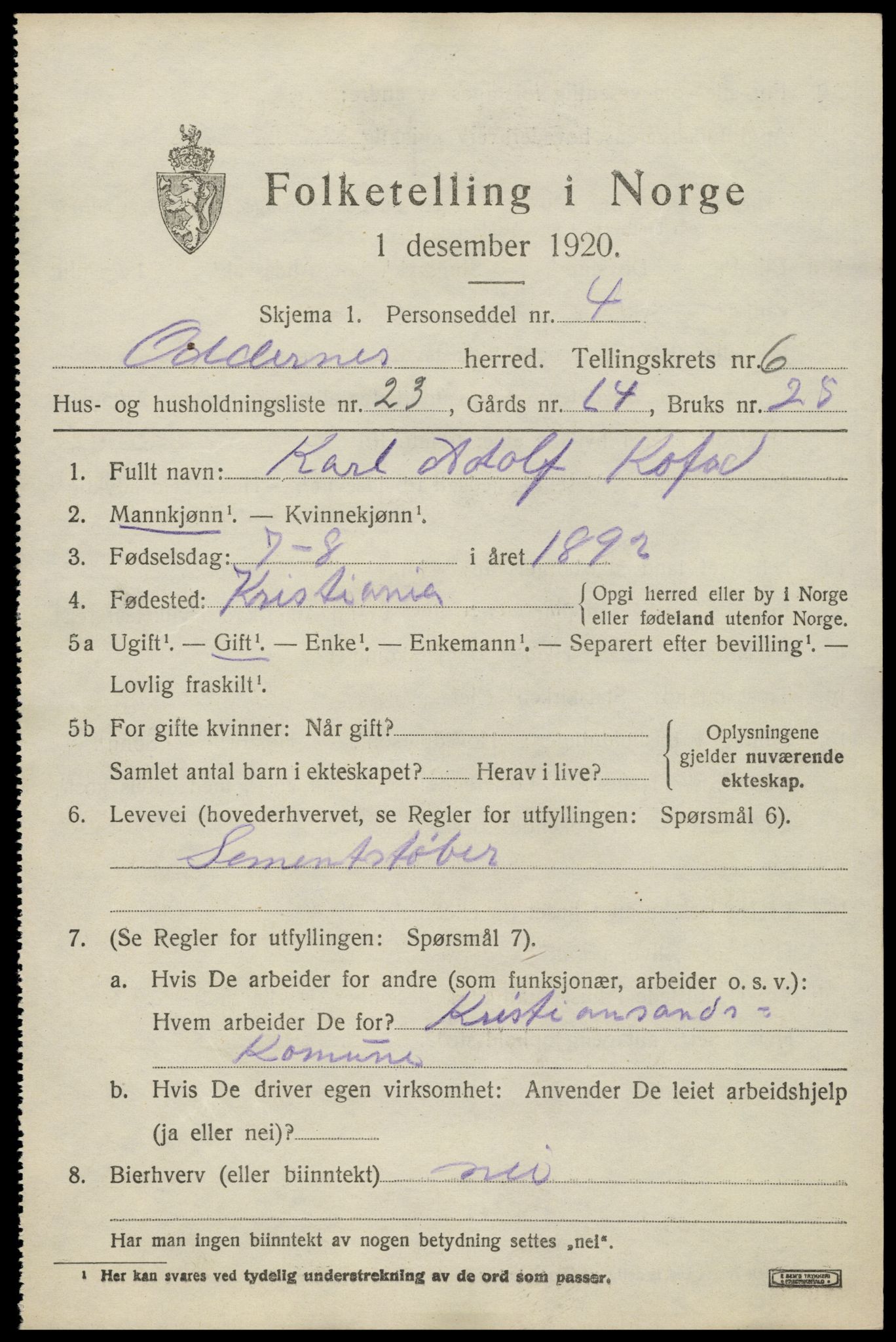 SAK, 1920 census for Oddernes, 1920, p. 5167