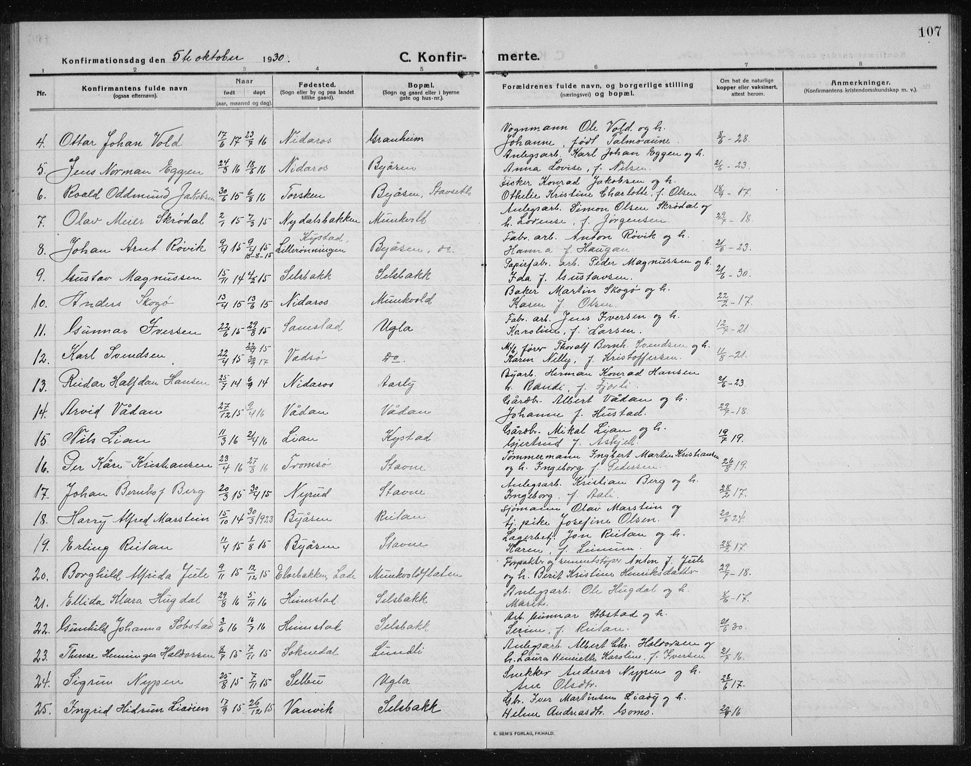 Ministerialprotokoller, klokkerbøker og fødselsregistre - Sør-Trøndelag, SAT/A-1456/611/L0356: Parish register (copy) no. 611C04, 1914-1938, p. 107