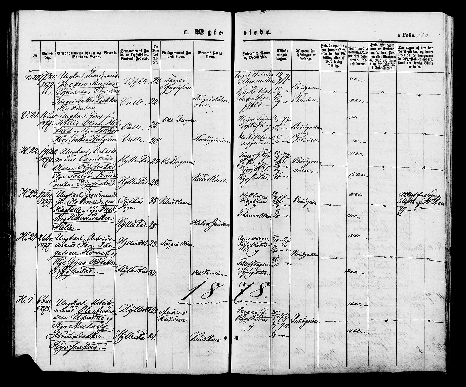 Valle sokneprestkontor, AV/SAK-1111-0044/F/Fa/Fac/L0008: Parish register (official) no. A 8, 1868-1882, p. 180