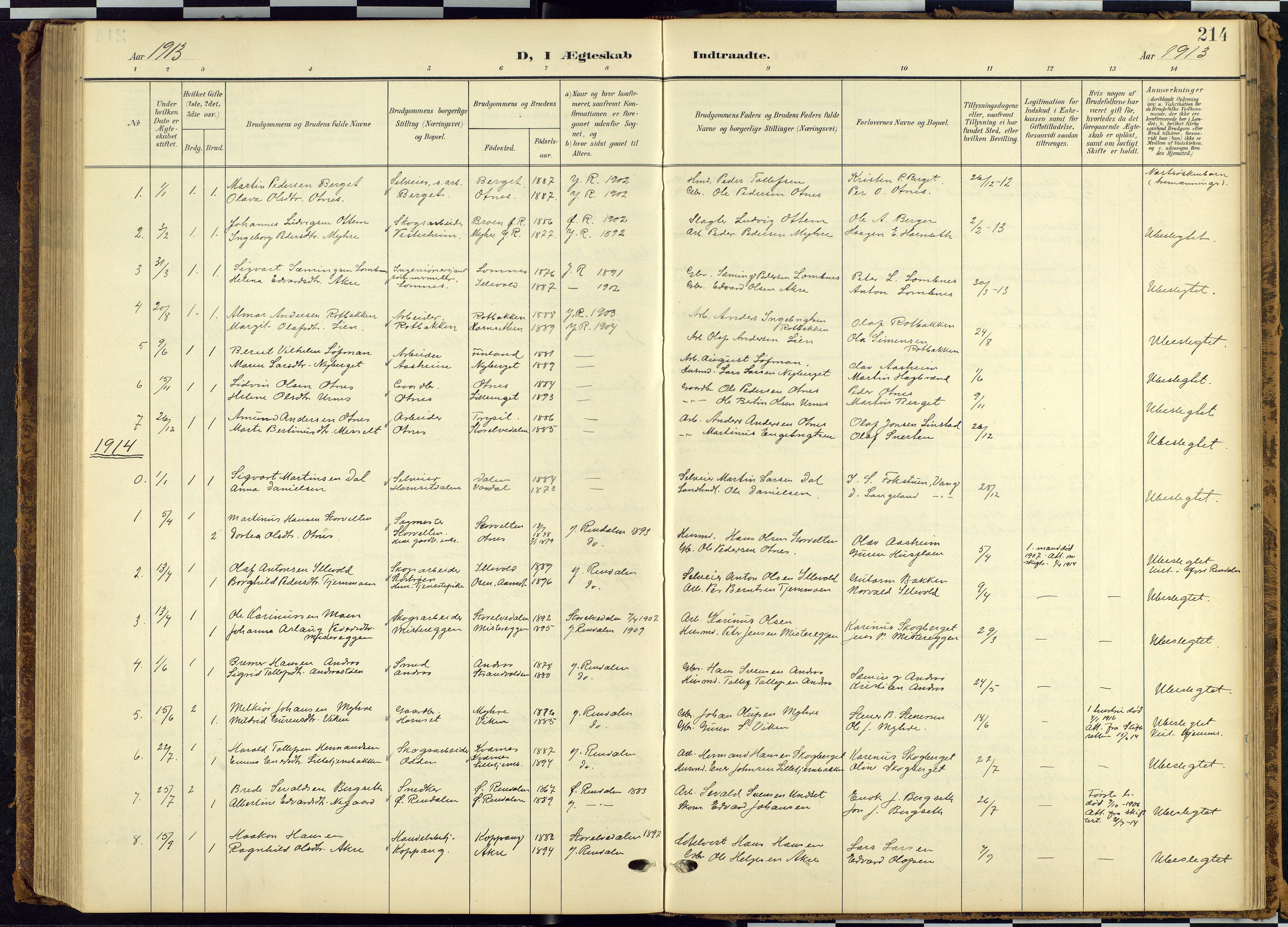 Rendalen prestekontor, SAH/PREST-054/H/Ha/Hab/L0010: Parish register (copy) no. 10, 1903-1940, p. 214