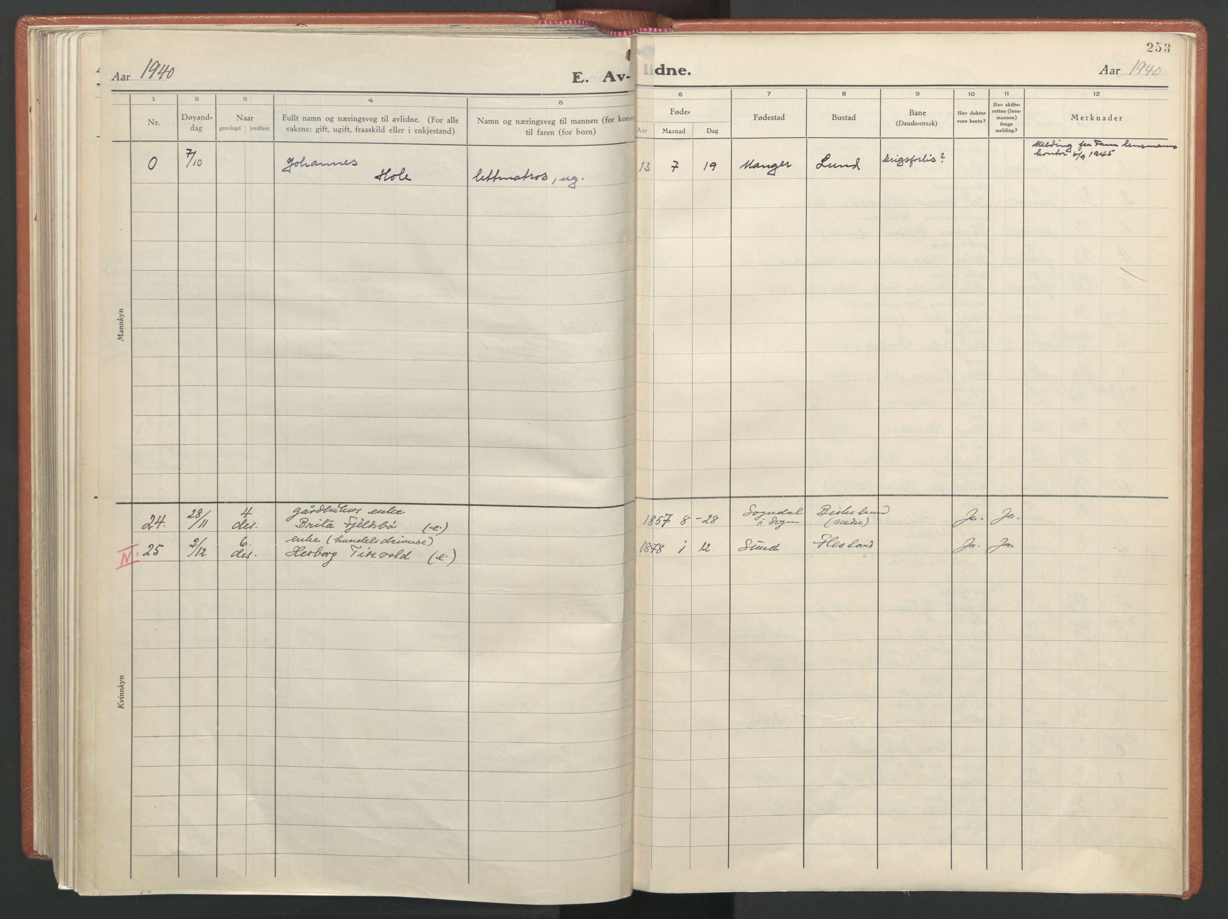 Fana Sokneprestembete, AV/SAB-A-75101/H/Haa/Haab/L0007: Parish register (official) no. B 7, 1934-1947, p. 253