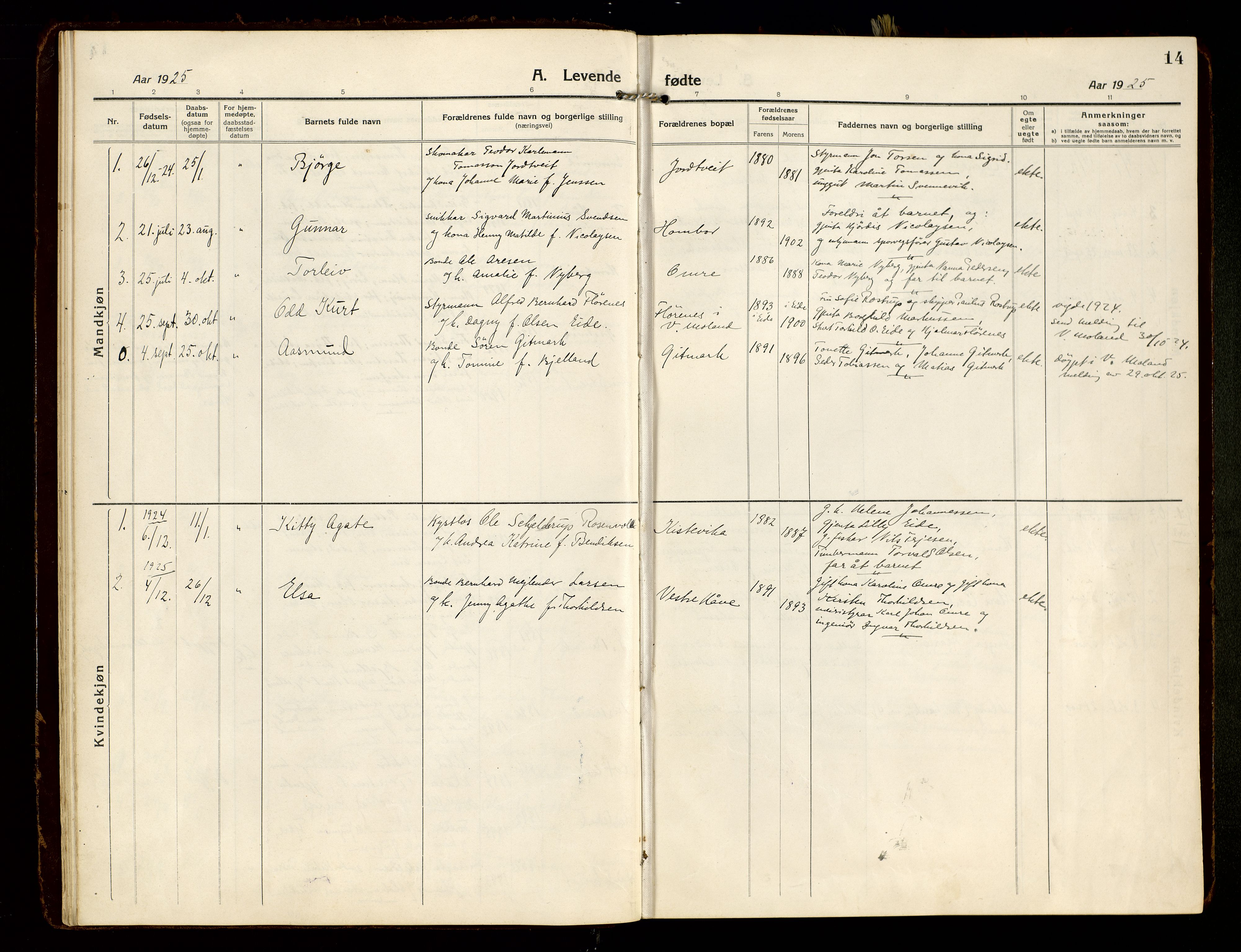 Hommedal sokneprestkontor, SAK/1111-0023/F/Fa/Faa/L0004: Parish register (official) no. A 4, 1916-1945, p. 14