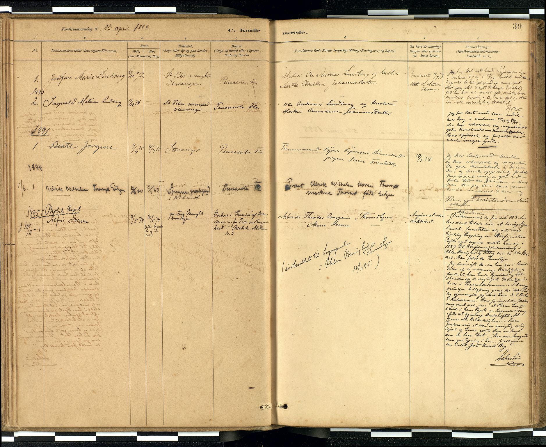 Den norske sjømannsmisjon i utlandet / Quebec (Canada) samt Pensacola--Savannah-Mobile-New Orleans-Gulfport (Gulfhamnene i USA), SAB/SAB/PA-0114/H/Ha/L0001: Parish register (official) no. A 1, 1887-1924, p. 38b-39a