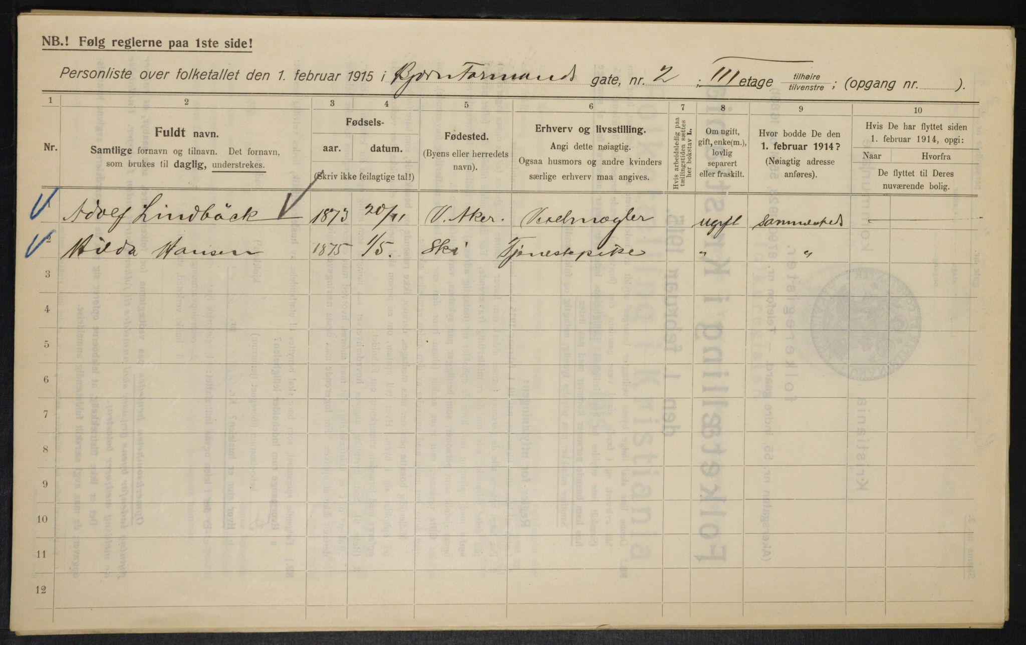 OBA, Municipal Census 1915 for Kristiania, 1915, p. 6618