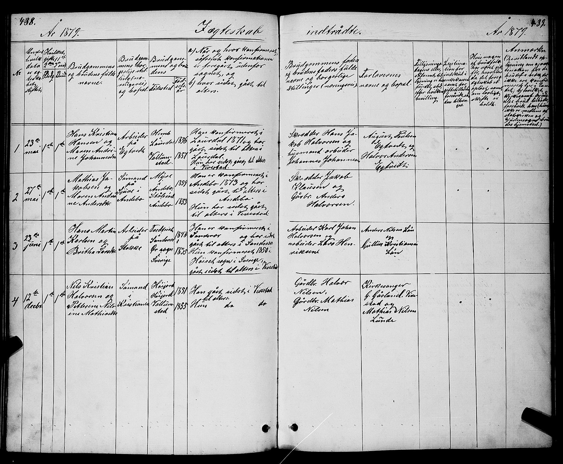 Ramnes kirkebøker, SAKO/A-314/G/Gc/L0001: Parish register (copy) no. III 1, 1869-1903, p. 438-439