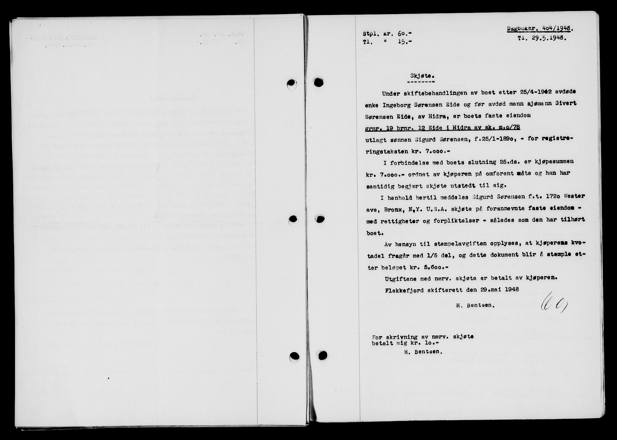 Flekkefjord sorenskriveri, SAK/1221-0001/G/Gb/Gba/L0063: Mortgage book no. A-11, 1947-1948, Diary no: : 404/1948