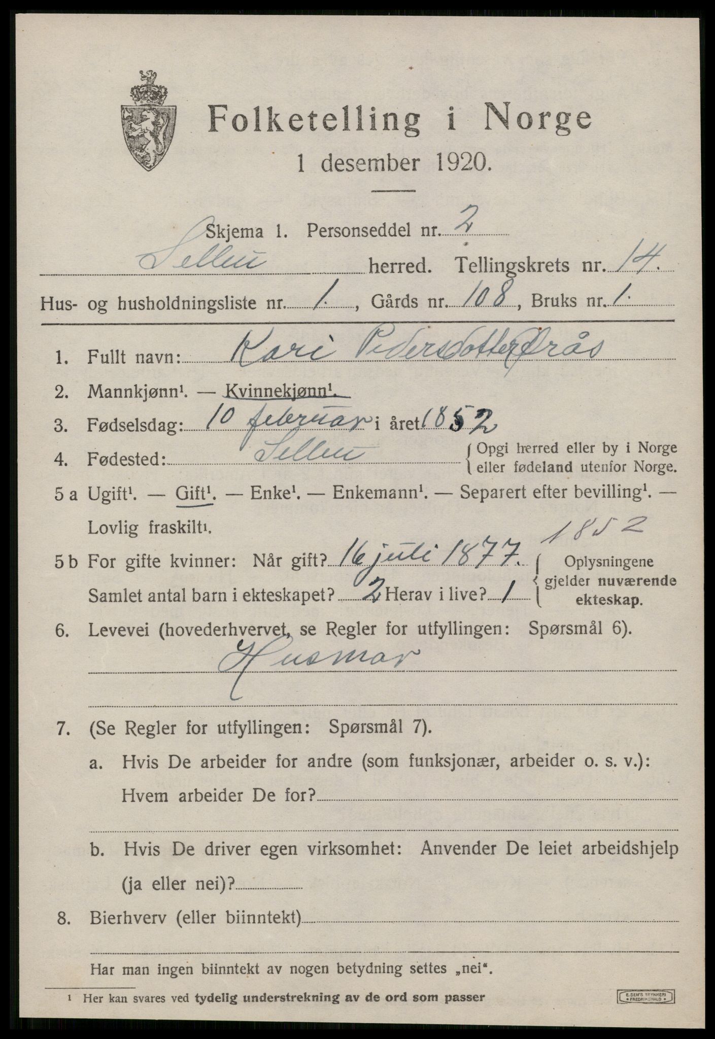 SAT, 1920 census for Selbu, 1920, p. 7450