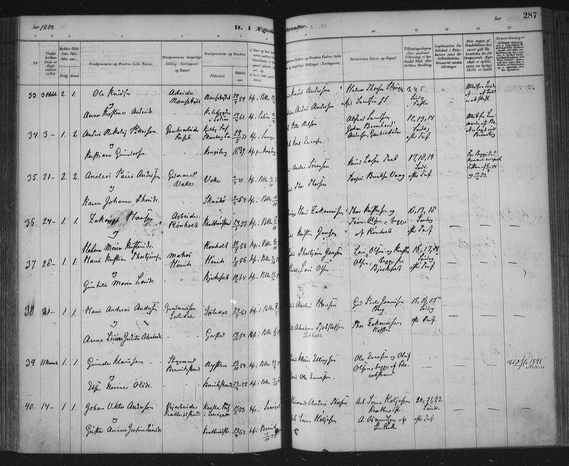 Bamble kirkebøker, AV/SAKO-A-253/F/Fa/L0007: Parish register (official) no. I 7, 1878-1888, p. 287