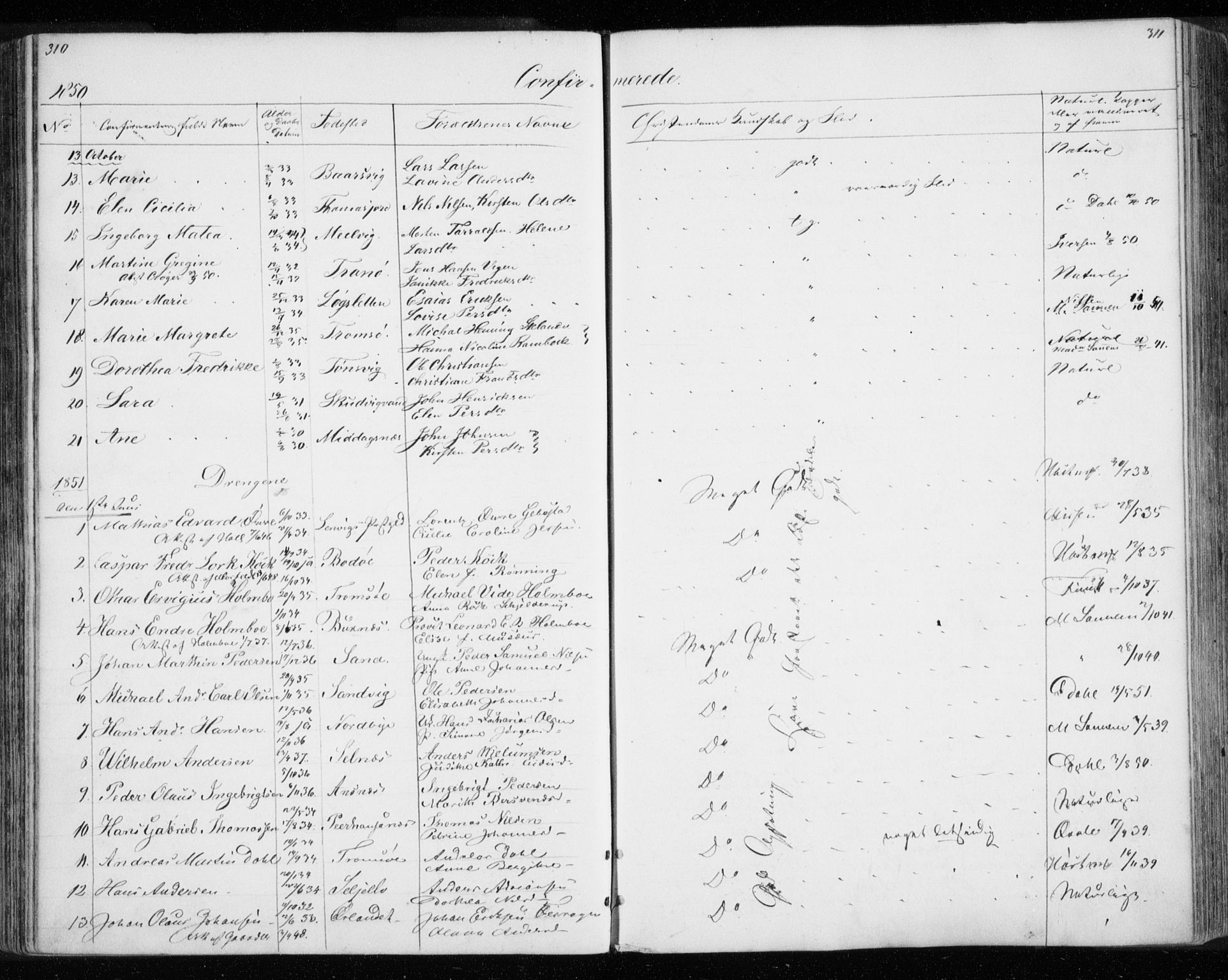 Tromsø sokneprestkontor/stiftsprosti/domprosti, SATØ/S-1343/G/Gb/L0005klokker: Parish register (copy) no. 5, 1846-1857, p. 310-311