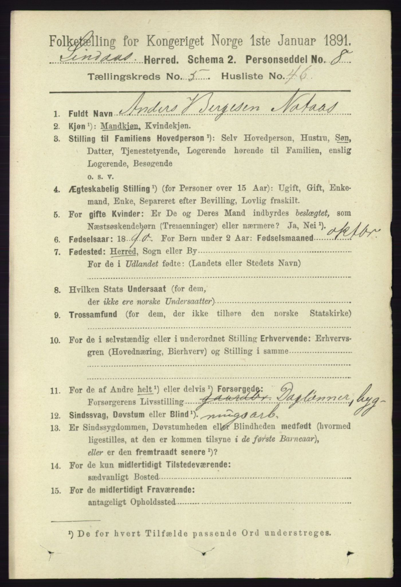 RA, 1891 census for 1263 Lindås, 1891, p. 1810