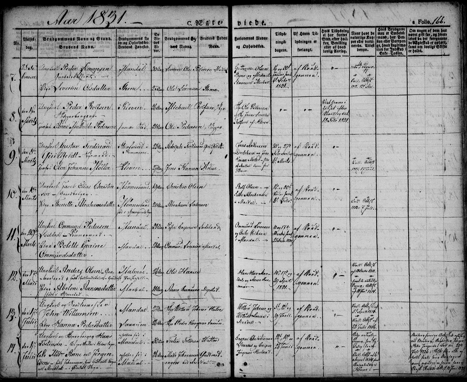 Mandal sokneprestkontor, SAK/1111-0030/F/Fa/Faa/L0011: Parish register (official) no. A 11, 1830-1839, p. 166