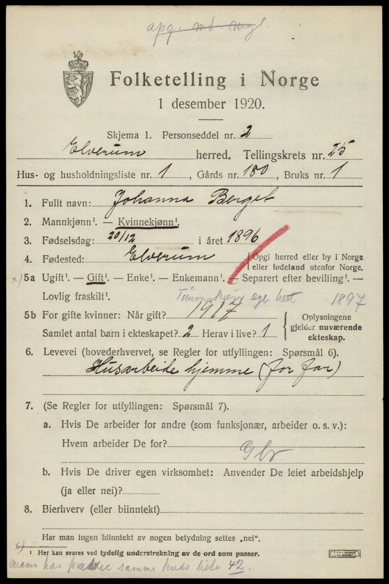 SAH, 1920 census for Elverum, 1920, p. 26228