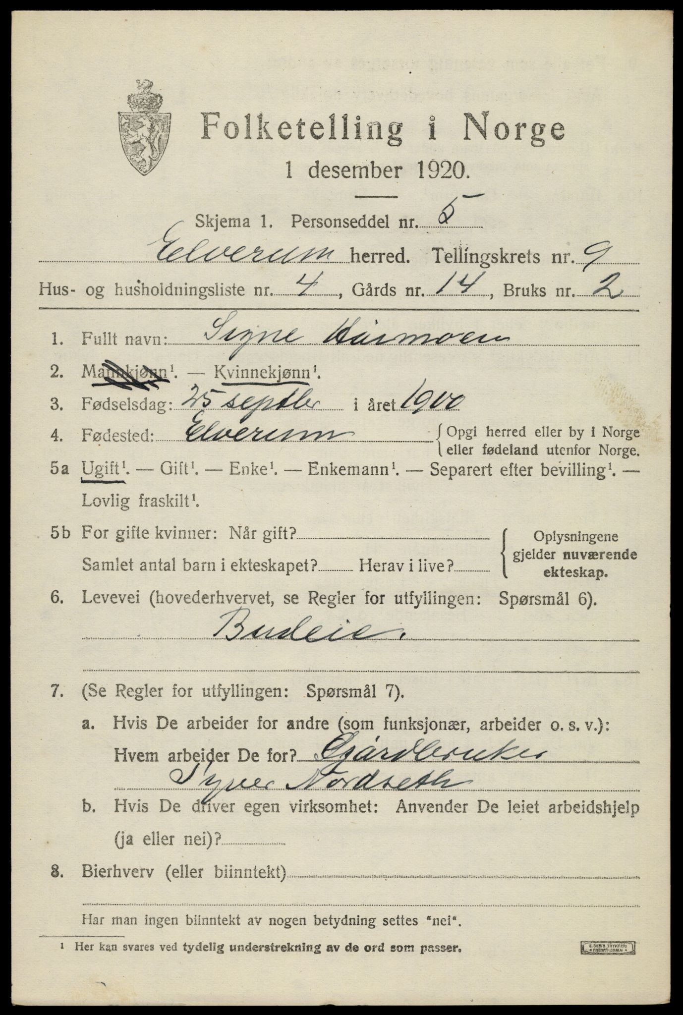 SAH, 1920 census for Elverum, 1920, p. 15598