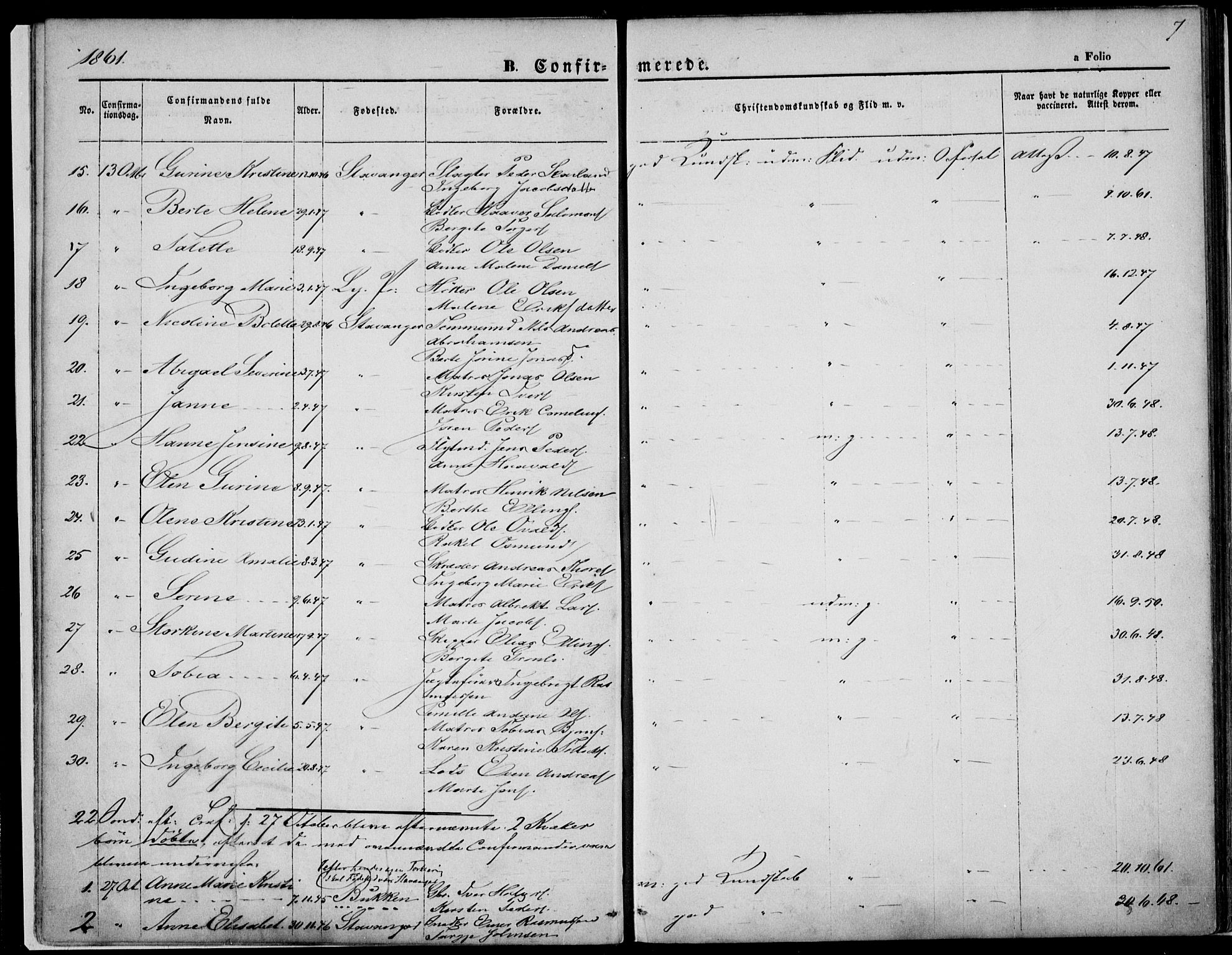 St. Petri sokneprestkontor, SAST/A-101813/001/30/30BA/L0004: Parish register (official) no. A 4, 1861-1865, p. 7