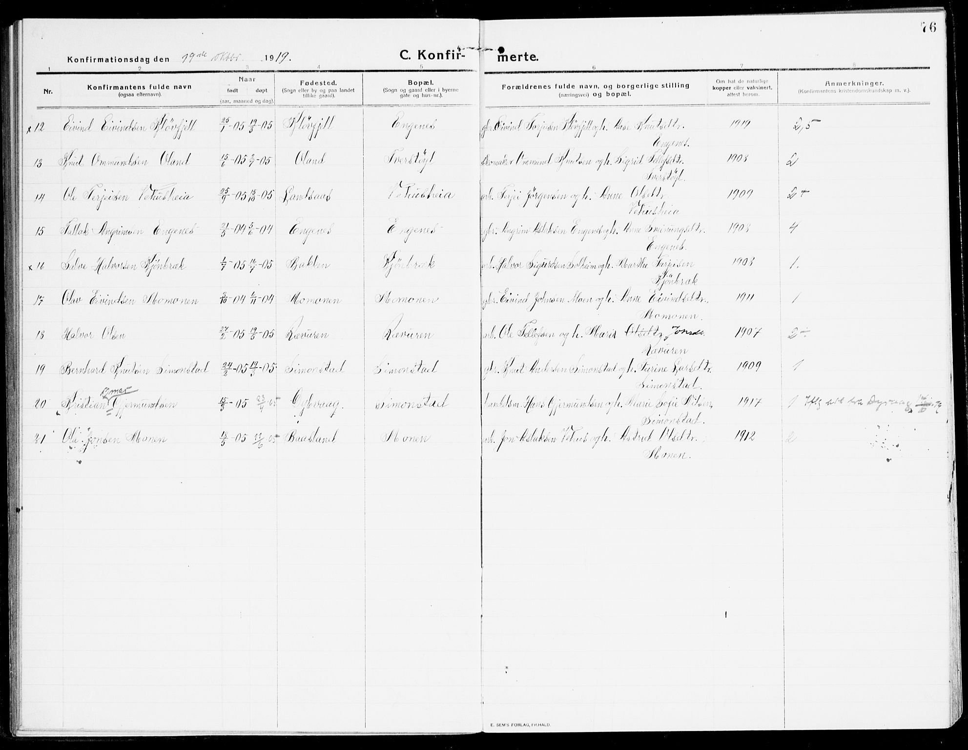 Åmli sokneprestkontor, AV/SAK-1111-0050/F/Fa/Fac/L0013: Parish register (official) no. A 13, 1914-1933, p. 76