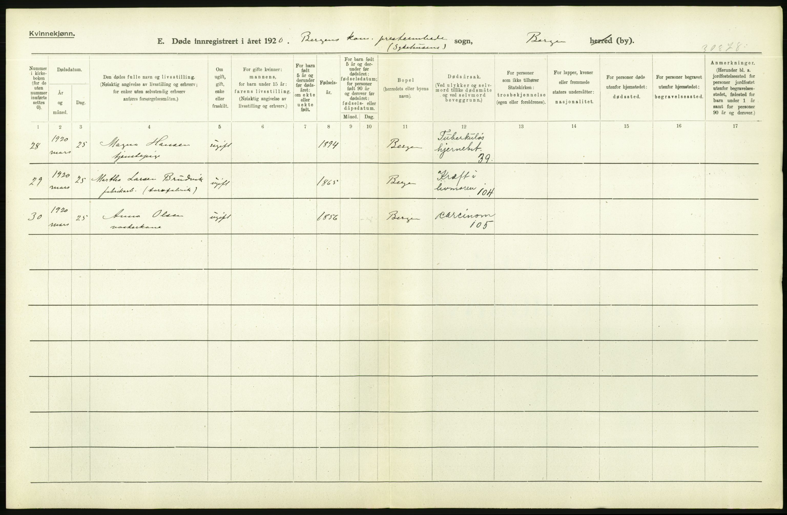 Statistisk sentralbyrå, Sosiodemografiske emner, Befolkning, AV/RA-S-2228/D/Df/Dfb/Dfbj/L0042: Bergen: Gifte, døde, dødfødte., 1920, p. 372