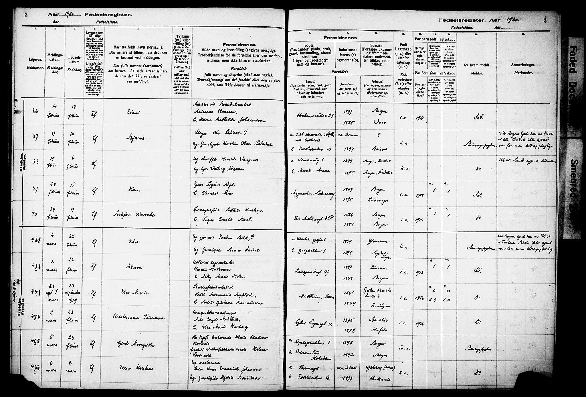 Kvinneklinikken, AV/SAB-A-76301/F/L0A02: Birth register no. A 2, 1920-1924, p. 3