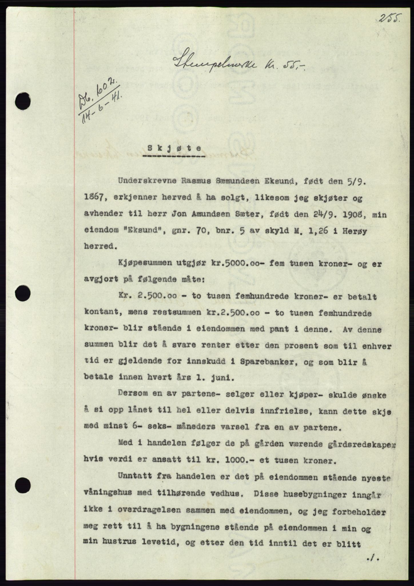 Søre Sunnmøre sorenskriveri, AV/SAT-A-4122/1/2/2C/L0071: Mortgage book no. 65, 1941-1941, Diary no: : 602/1941