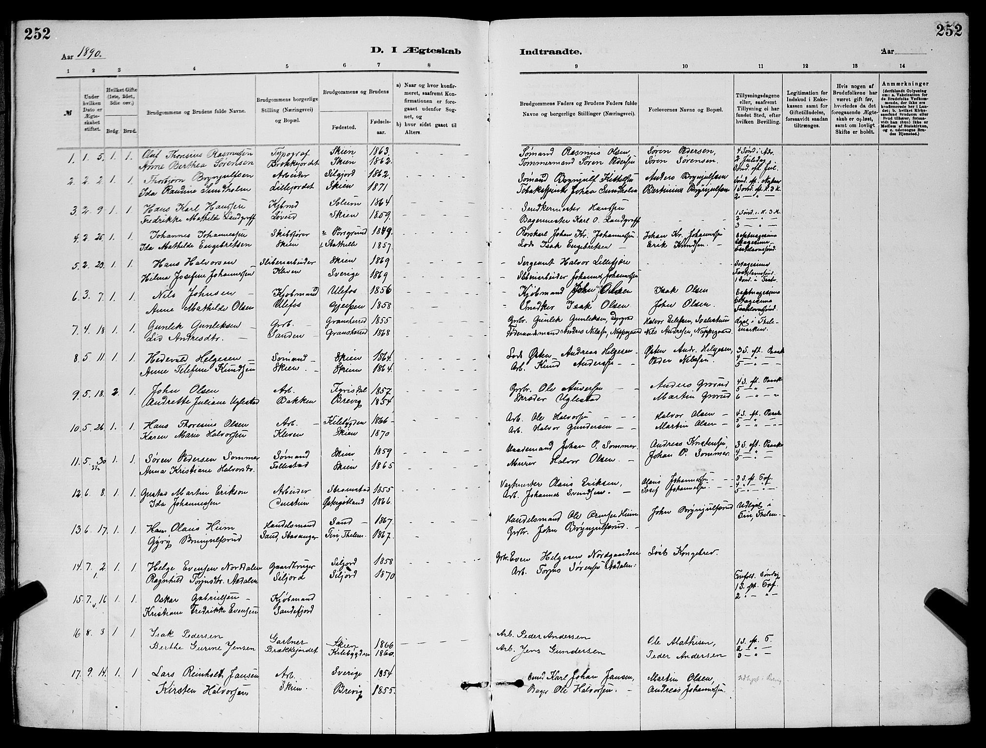 Skien kirkebøker, AV/SAKO-A-302/G/Ga/L0006: Parish register (copy) no. 6, 1881-1890, p. 252