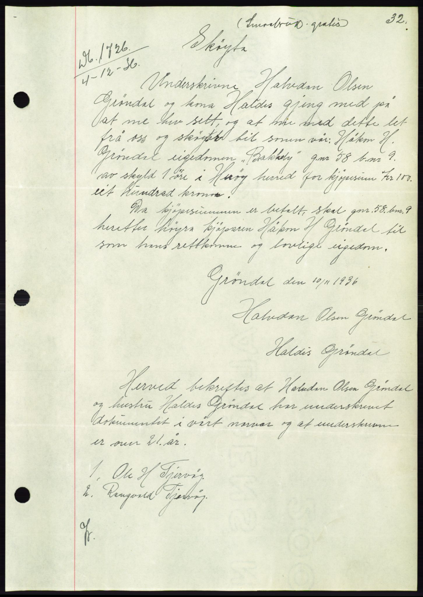 Søre Sunnmøre sorenskriveri, SAT/A-4122/1/2/2C/L0062: Mortgage book no. 56, 1936-1937, Diary no: : 1726/1936