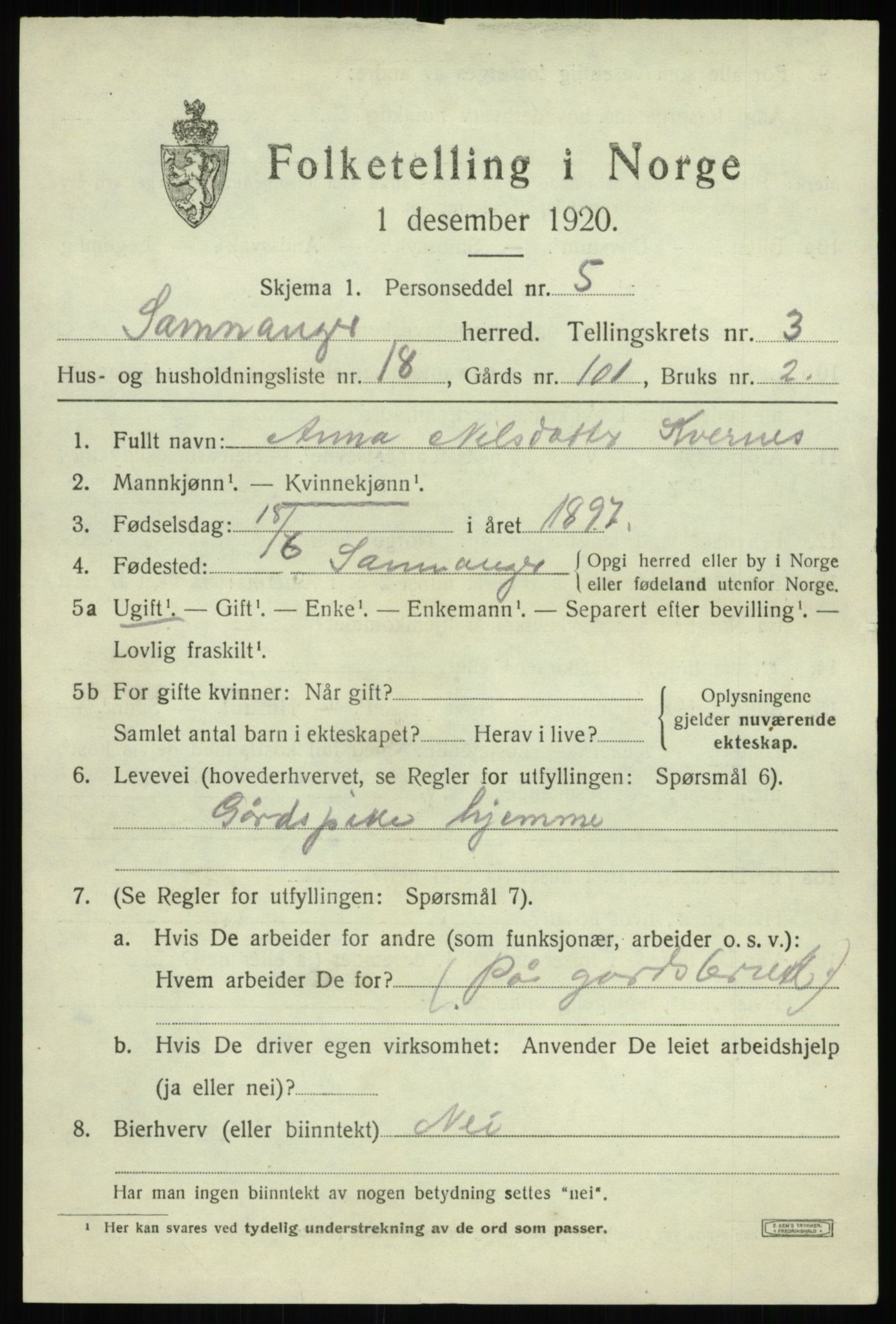 SAB, 1920 census for Samnanger, 1920, p. 1669