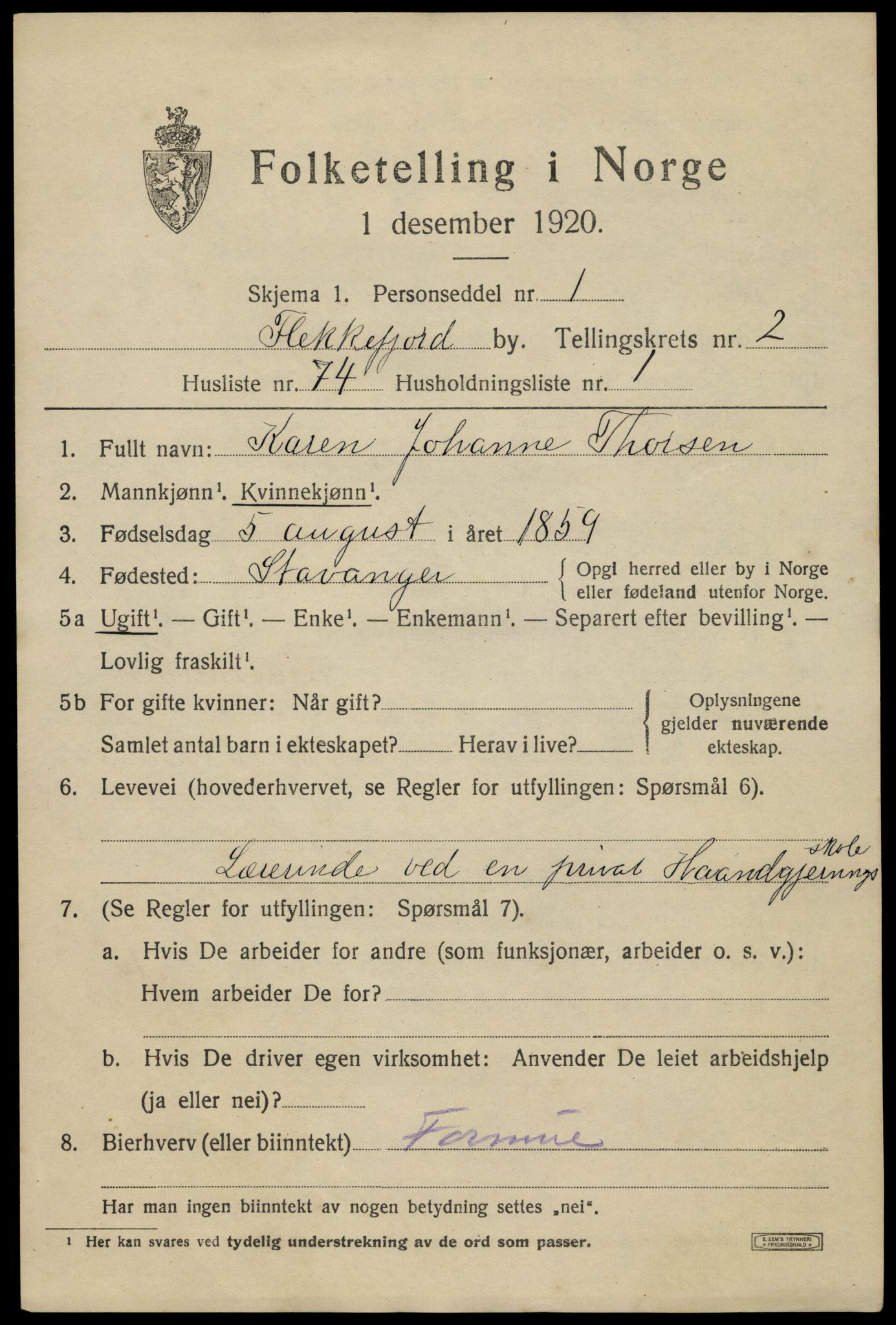 SAK, 1920 census for Flekkefjord, 1920, p. 3378