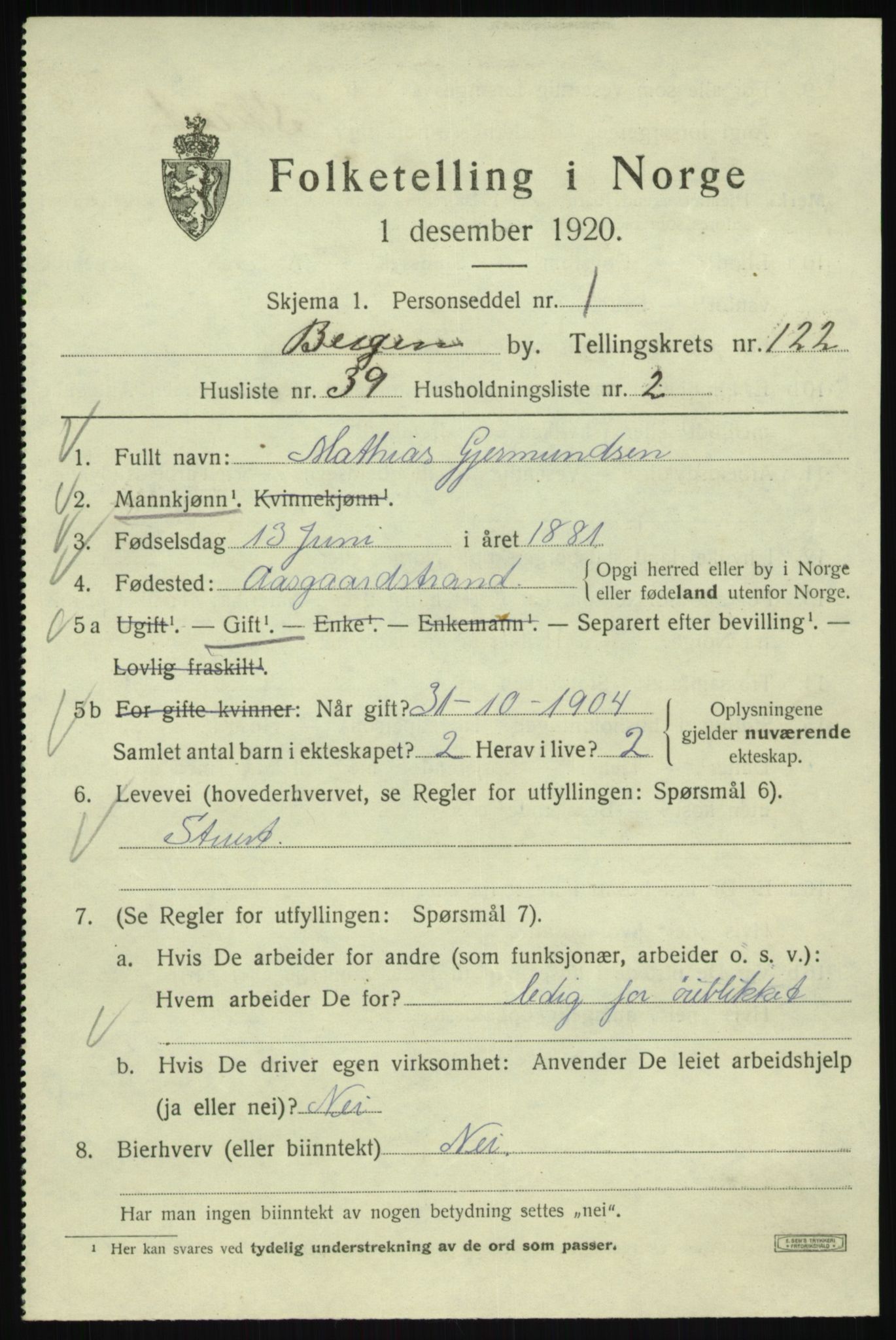 SAB, 1920 census for Bergen, 1920, p. 206426